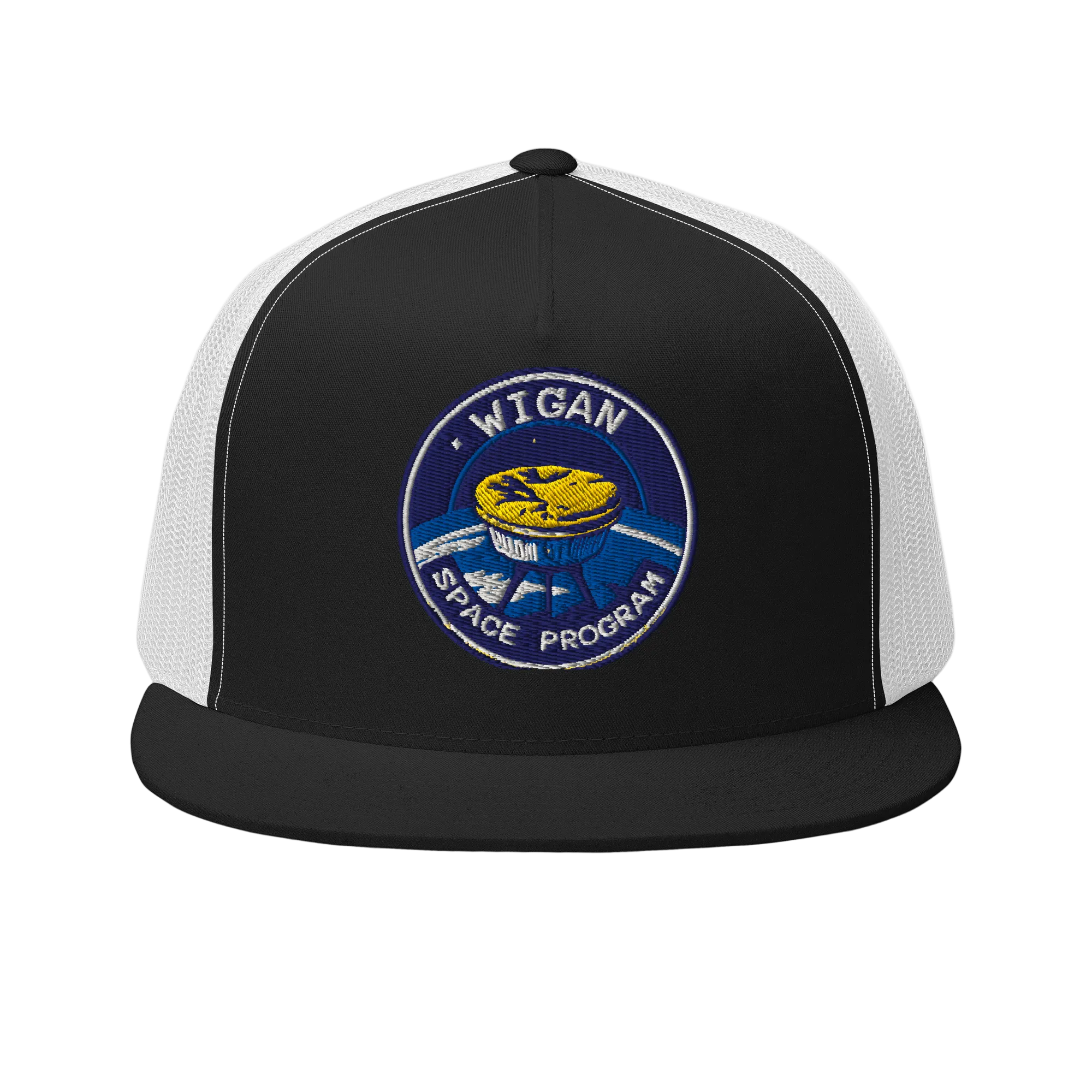 Black and white cap with 'Wigan Space Program' logo on a white background