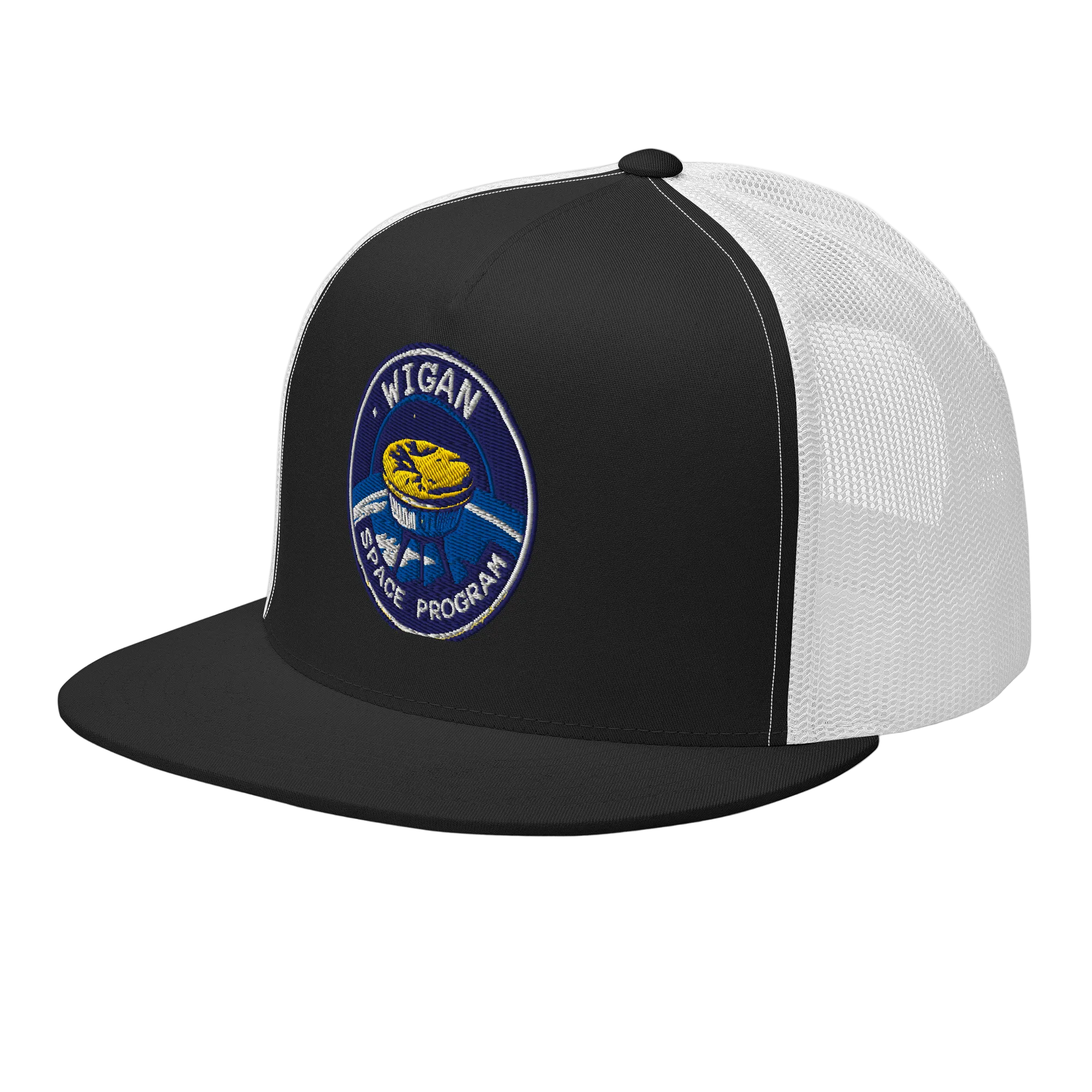 Black and white cap with a logo on a white background