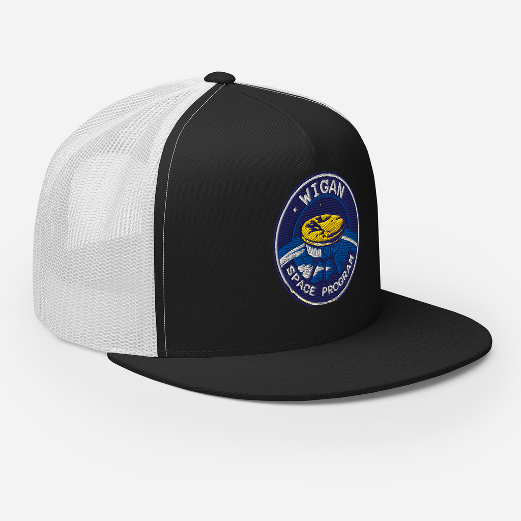 Black and white cap with a logo on a white background