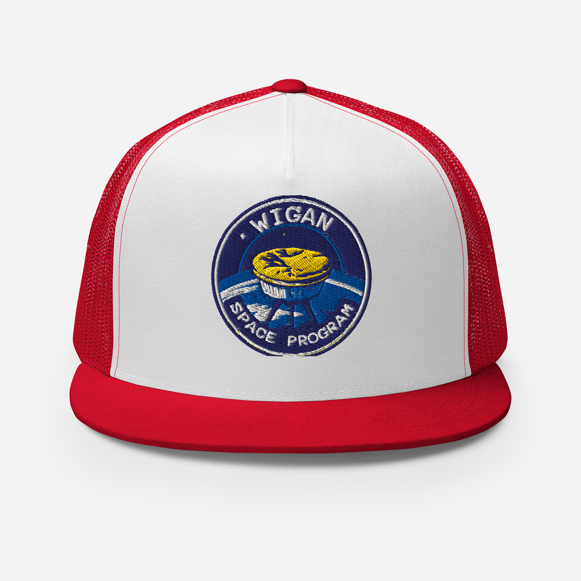 White and red cap with a 'Wigan Space Program' logo on a white background