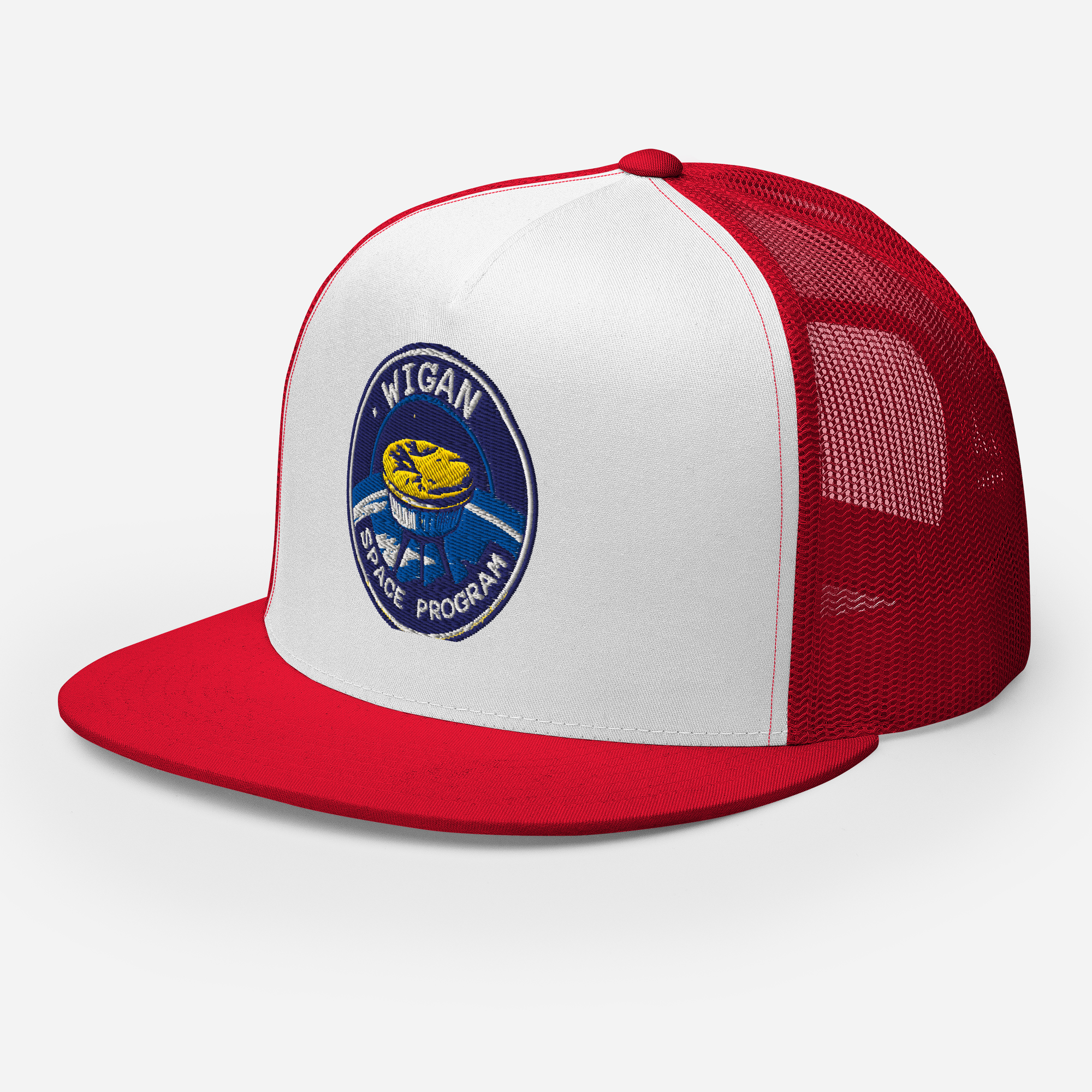 Red and white cap with a logo on a white background