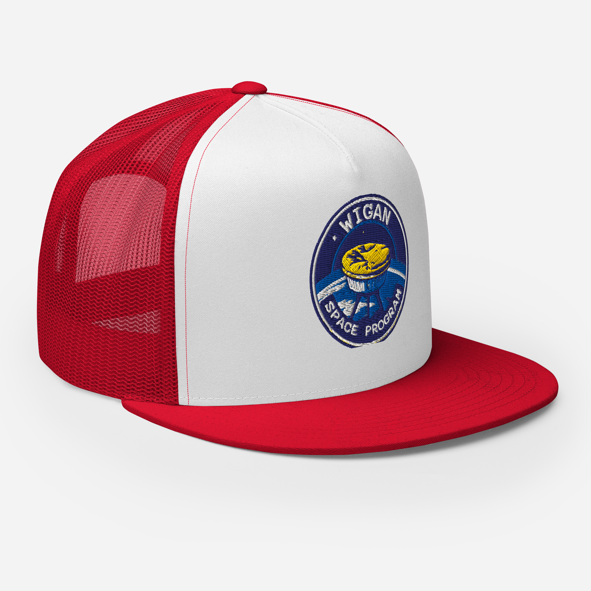 Red and white cap with a blue logo on a light gray background