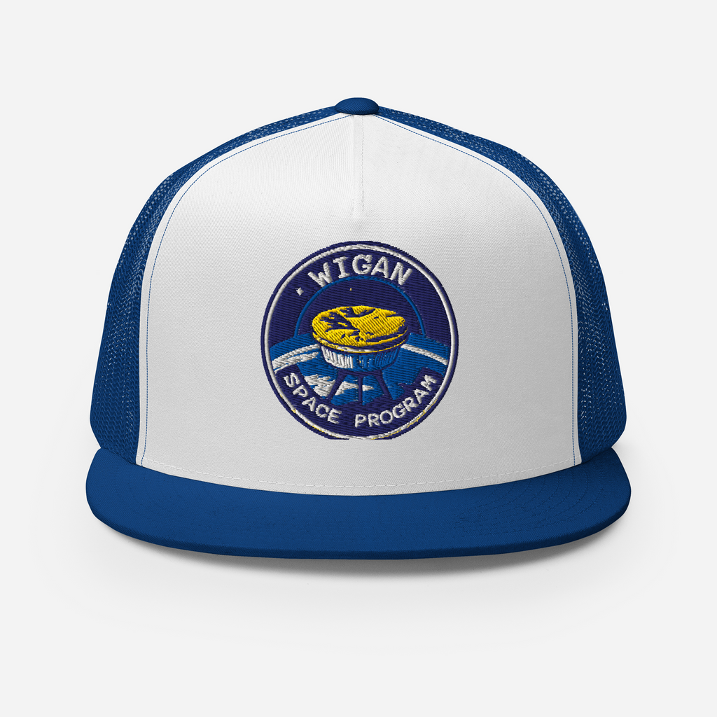 White and blue cap with 'Wigan Space Program' logo on a white background