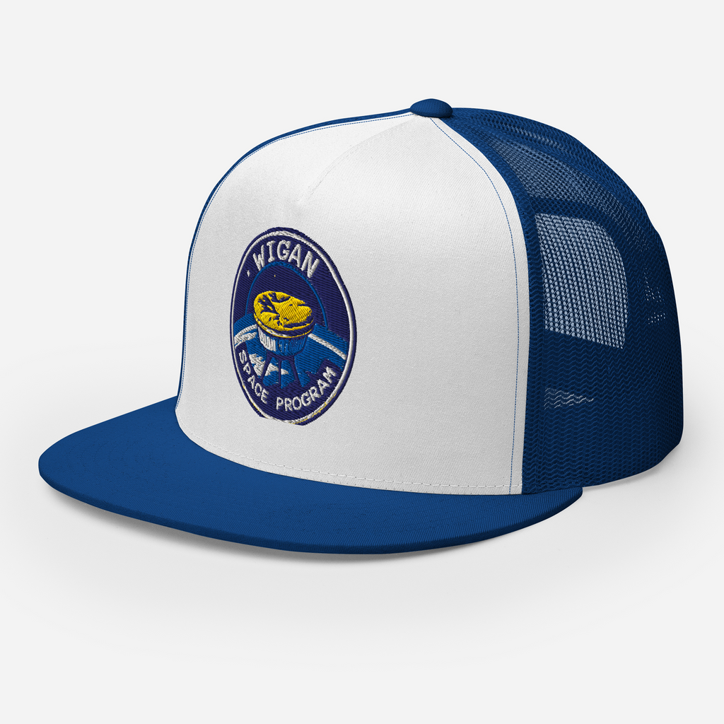 White and blue cap with a logo on a white background