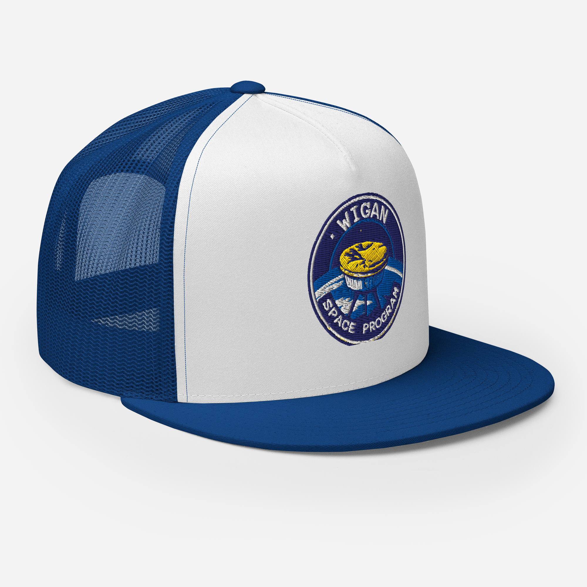 Blue and white cap with a logo on a light gray background