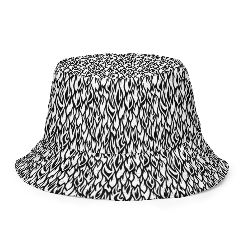 Black and white patterned bucket hat on a white background