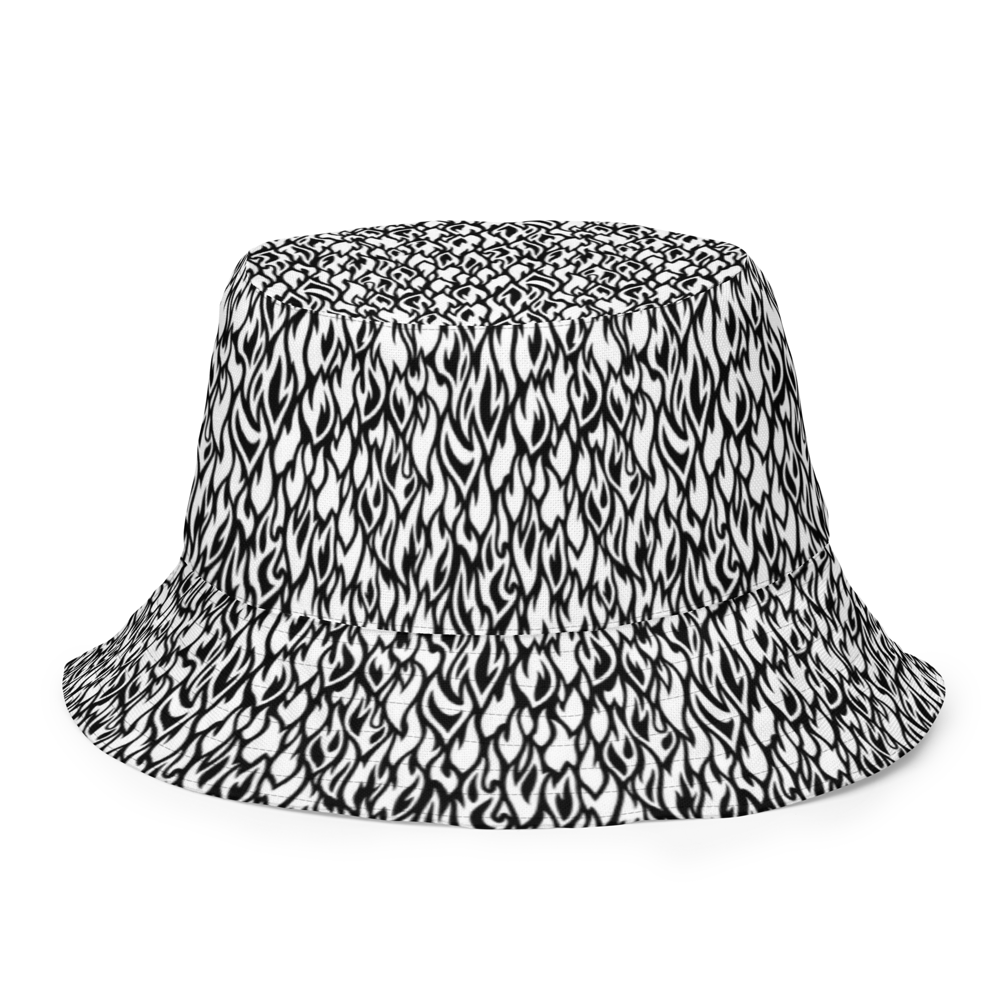 Black and white patterned bucket hat on a white background