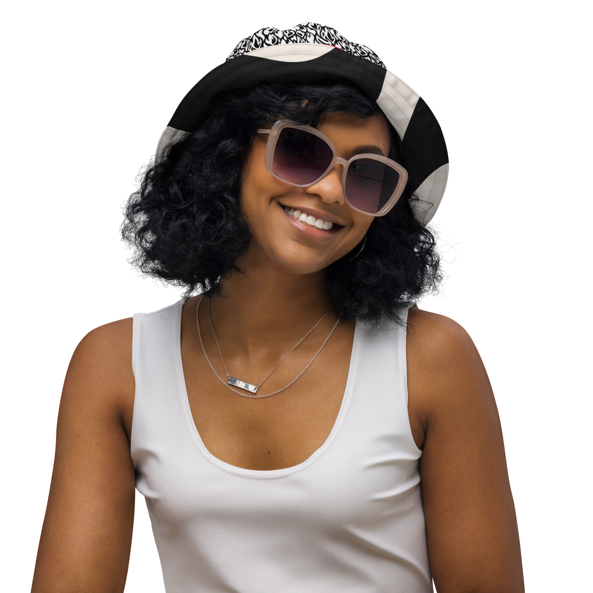 Woman wearing a black and white visor and sunglasses on a white background