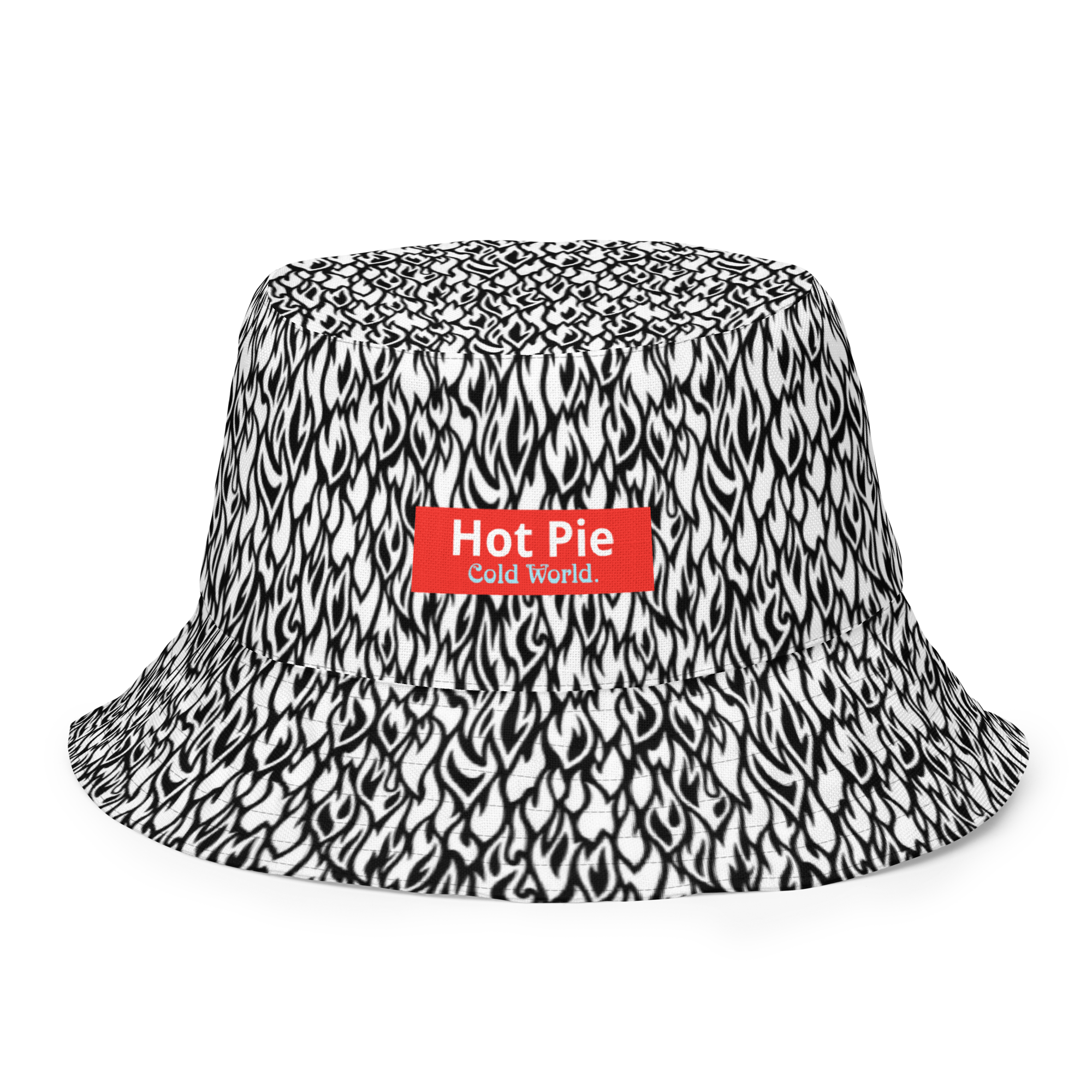 Black and white patterned bucket hat with a red label on a white background