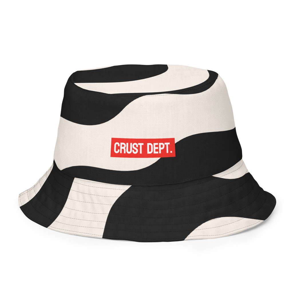 Black and white bucket hat with a red 'CRUST DEPT.' logo on a white background