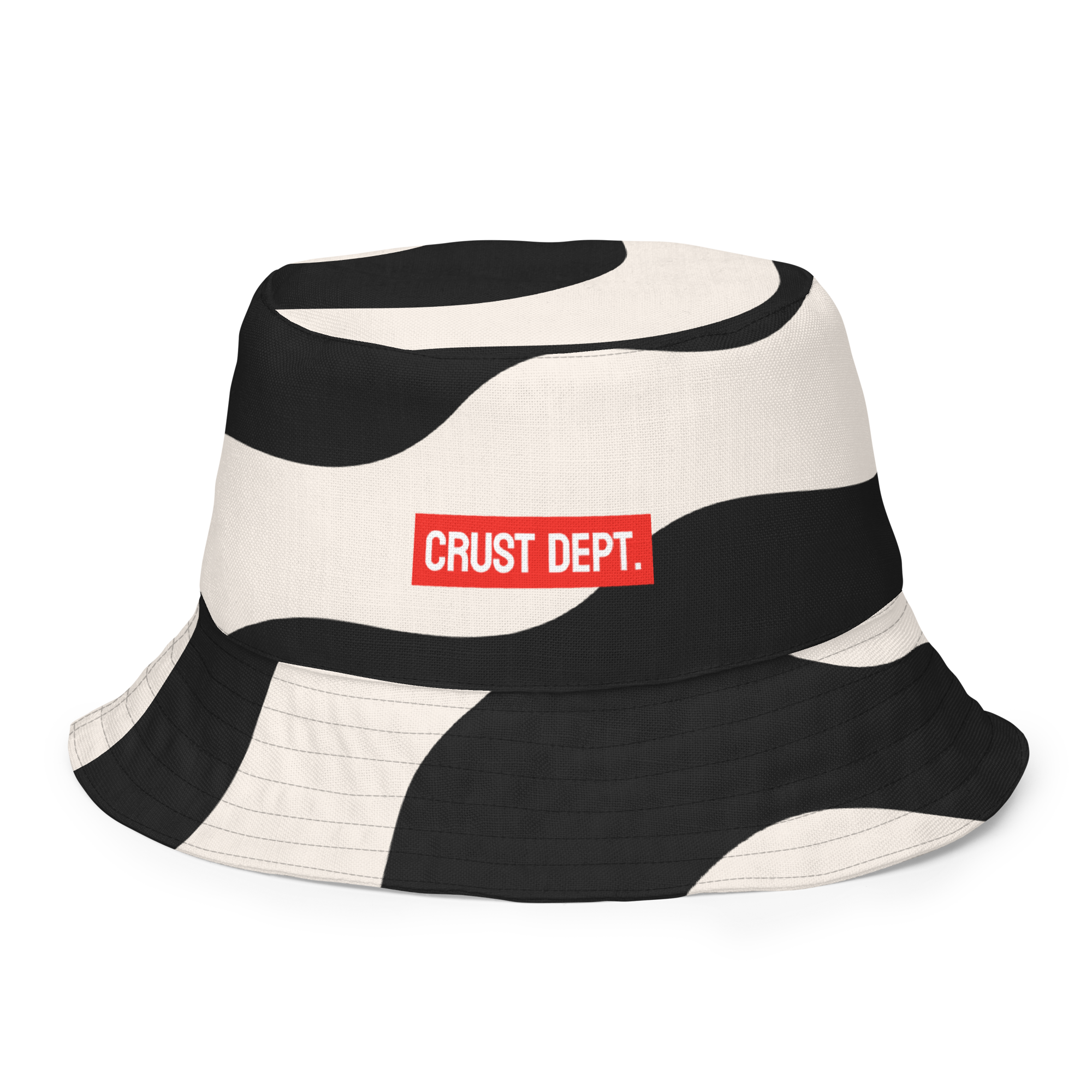 Black and white bucket hat with a red 'CRUST DEPT.' logo on a white background