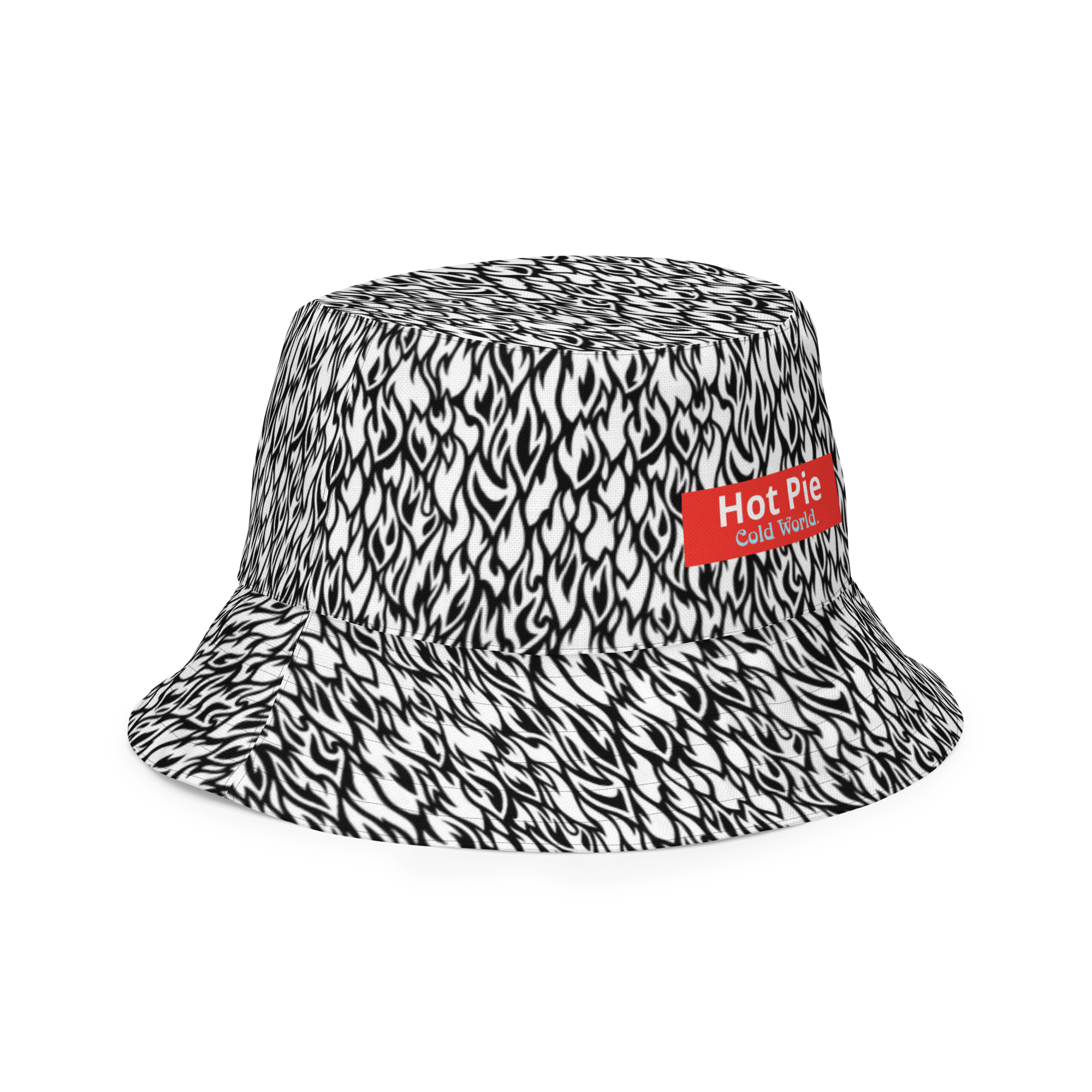 Black and white patterned bucket hat with a red label on a white background