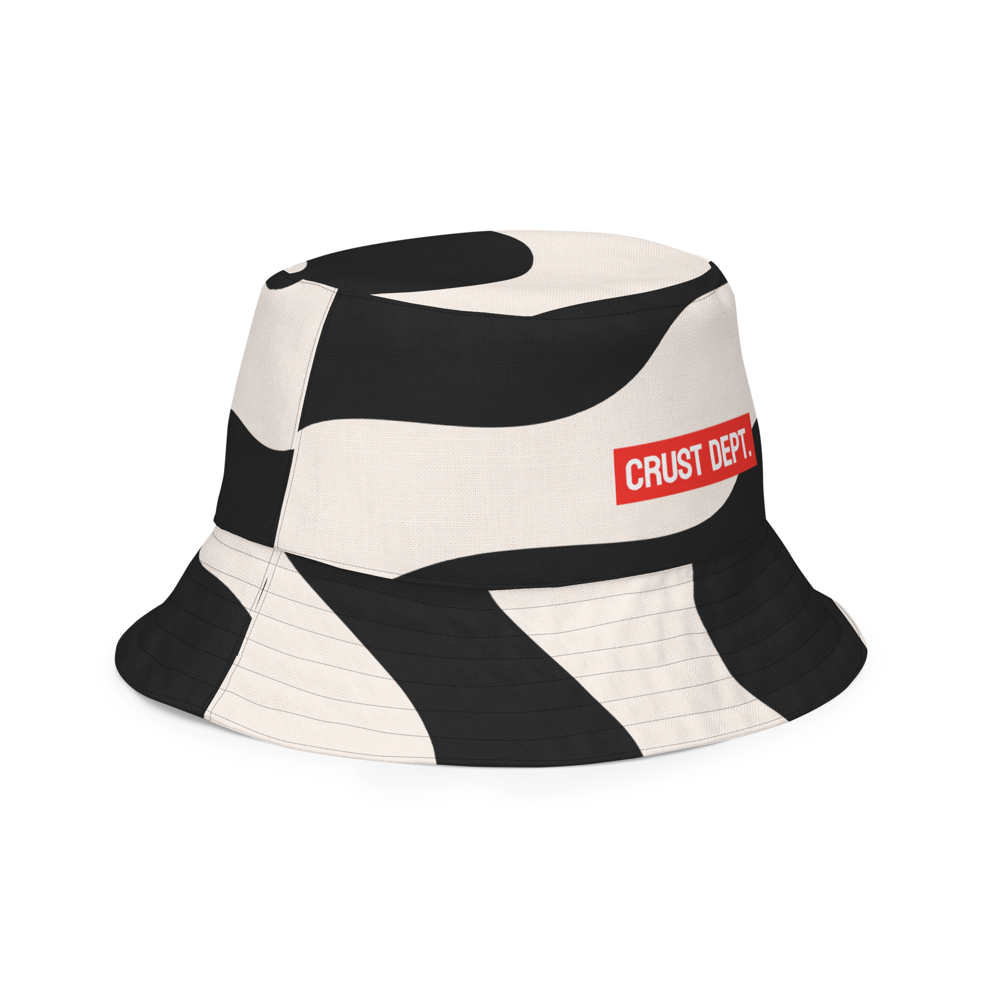 Black and white bucket hat with a red label on a white background