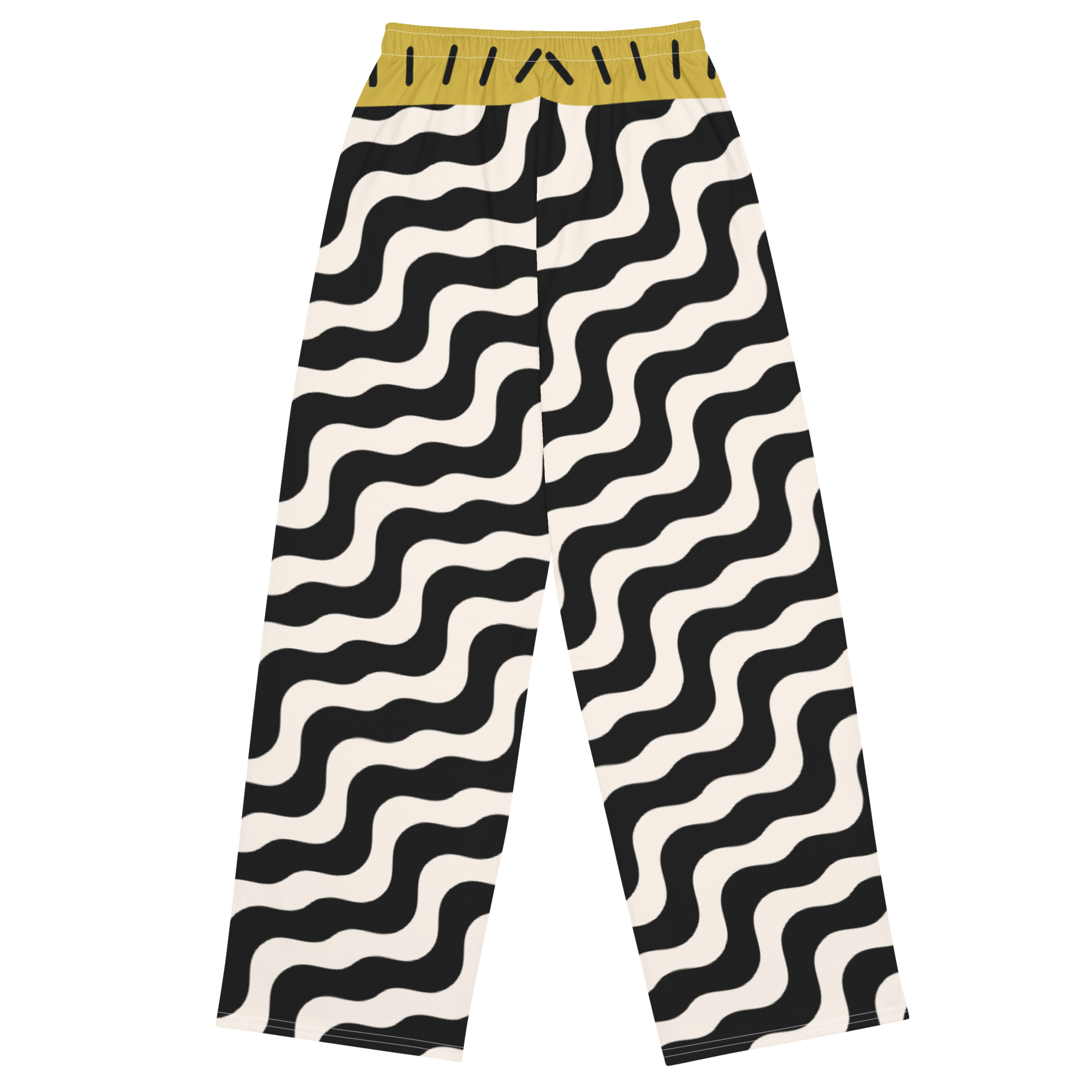 Black and white wavy patterned pants with a yellow waistband on a white background