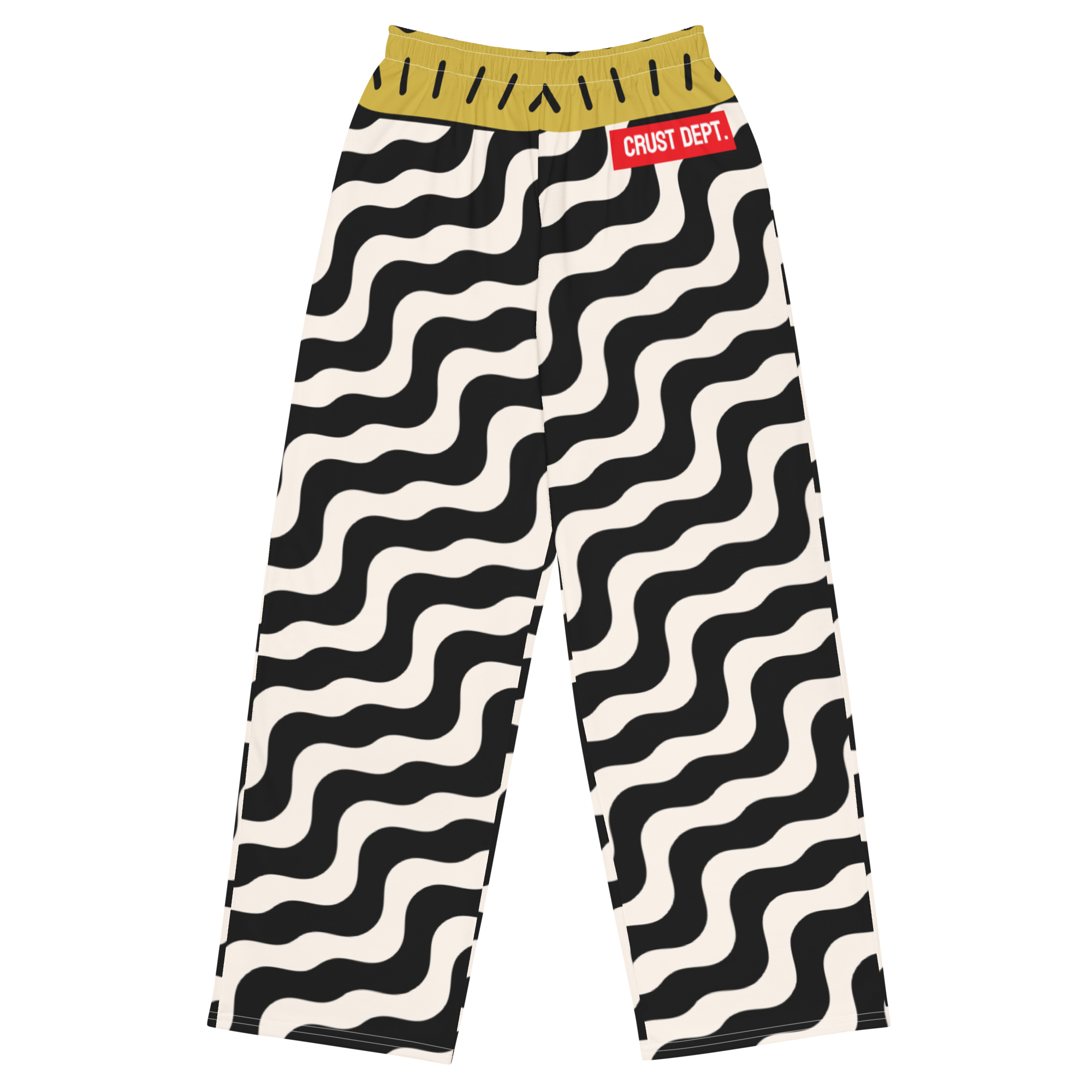 Black and white wavy patterned pants with a yellow waistband on a white background