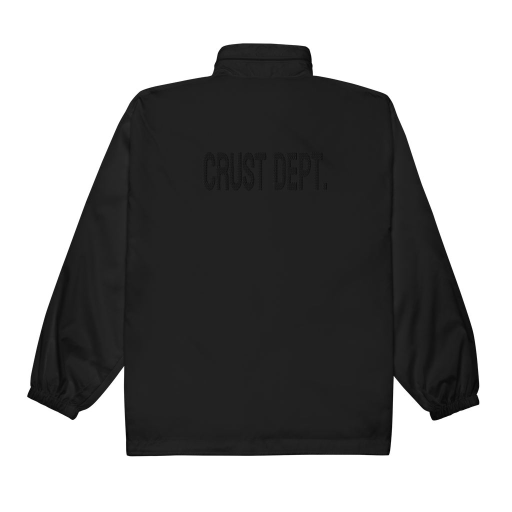 Black jacket with 'CRUST DEPT.' text on the back against a white background