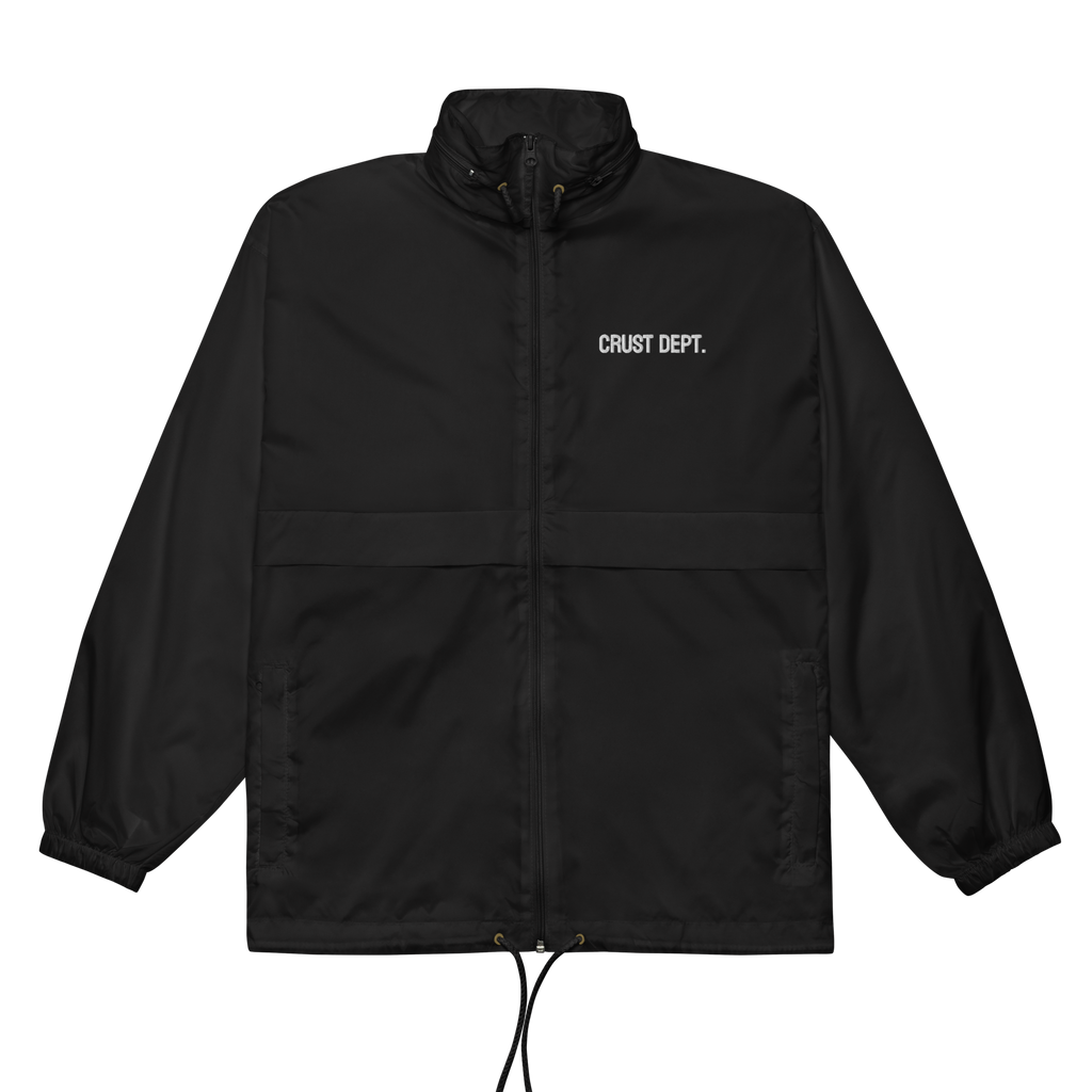 Black jacket with 'CRUST DEPT.' logo on a white background