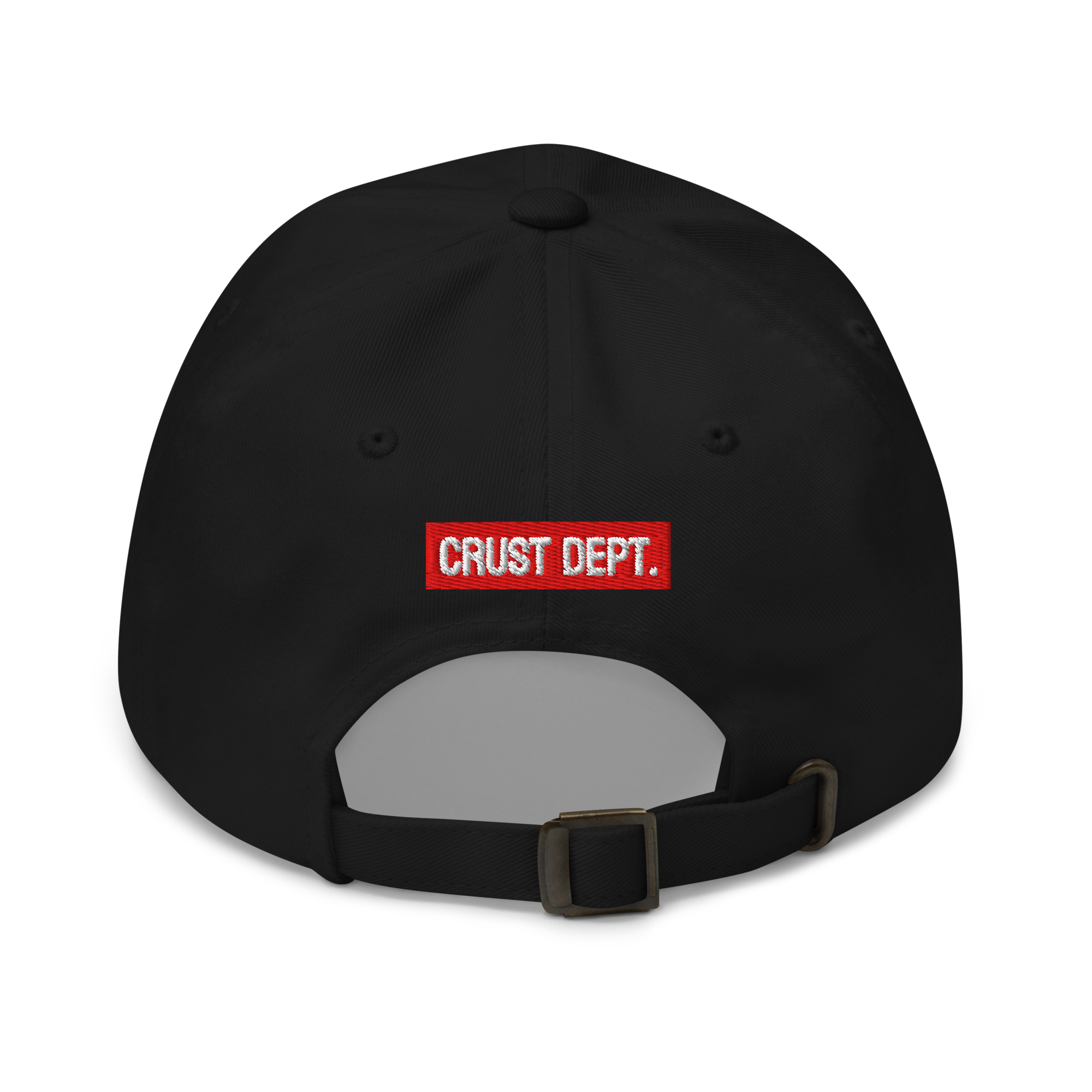 Black cap with a red and white logo on a white background