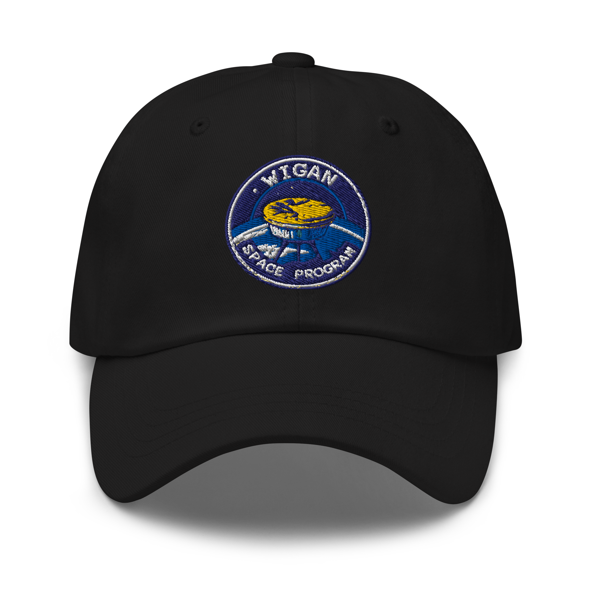 Black cap with a blue and yellow logo on a white background