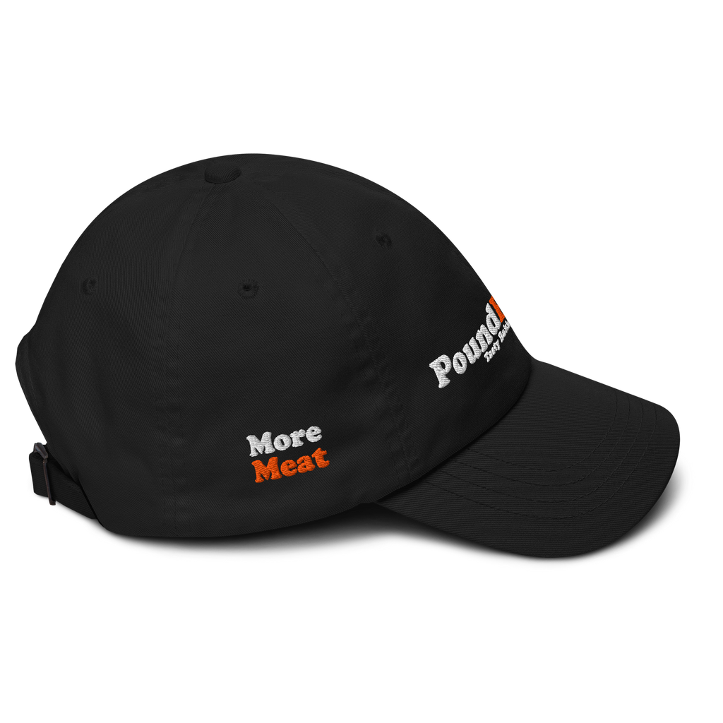 Black cap with text 'More Meat' and 'Pounded' on a white background