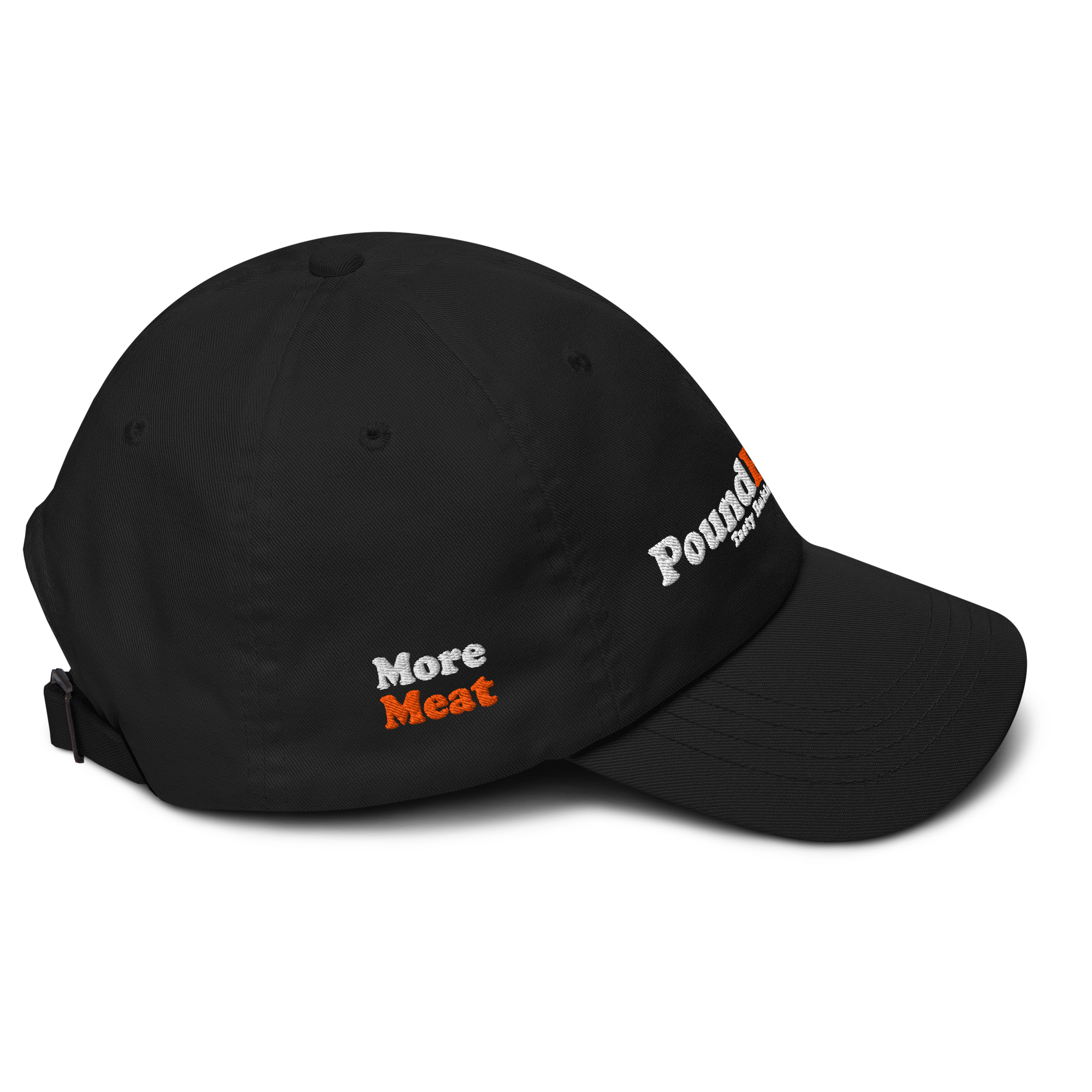 Black cap with text 'More Meat' and 'Pounded' on a white background