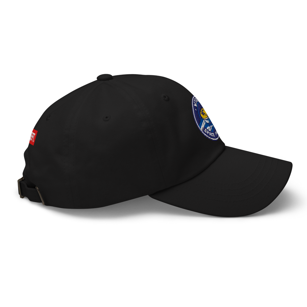 Black cap with a logo on the side against a white background
