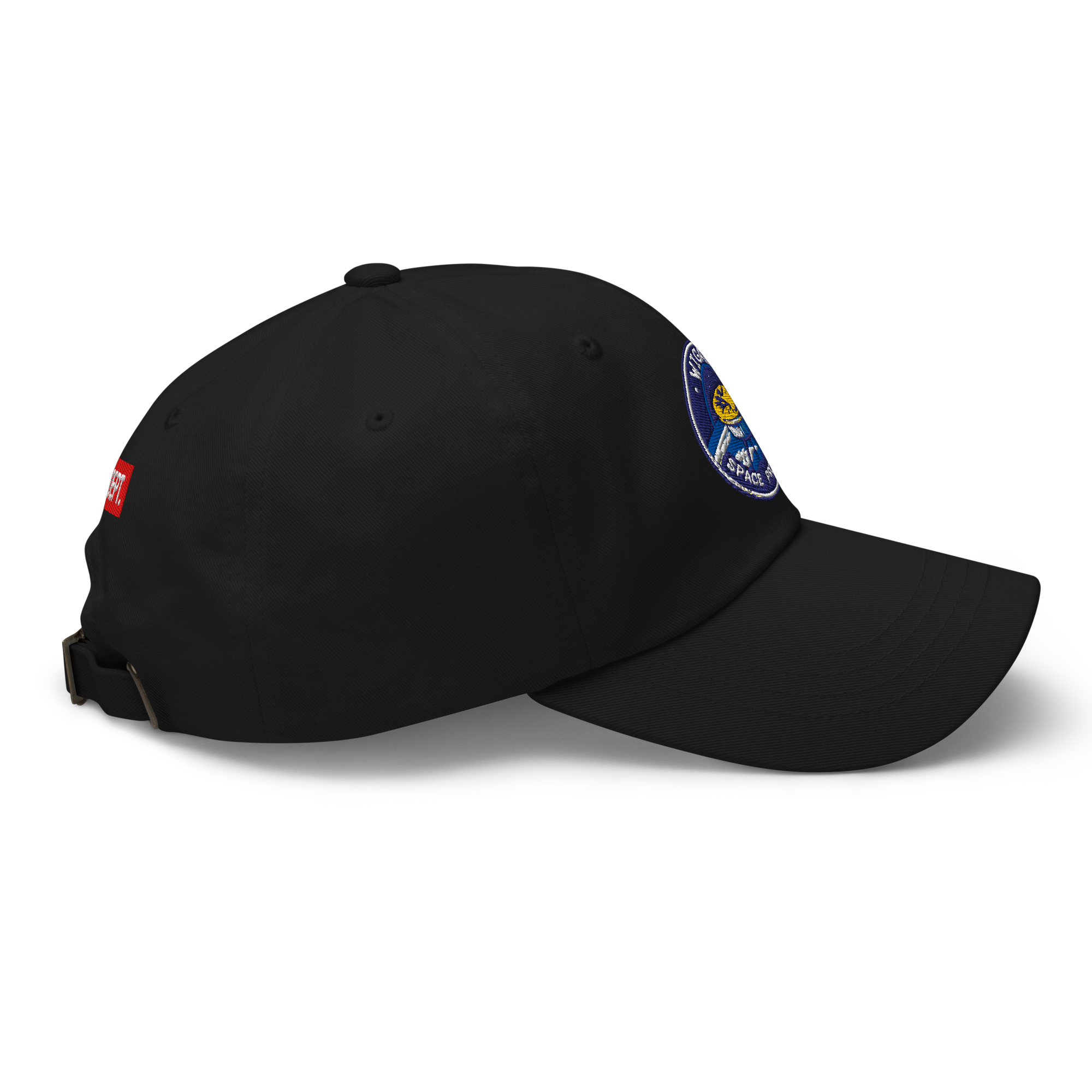 Black cap with a logo on the side against a white background