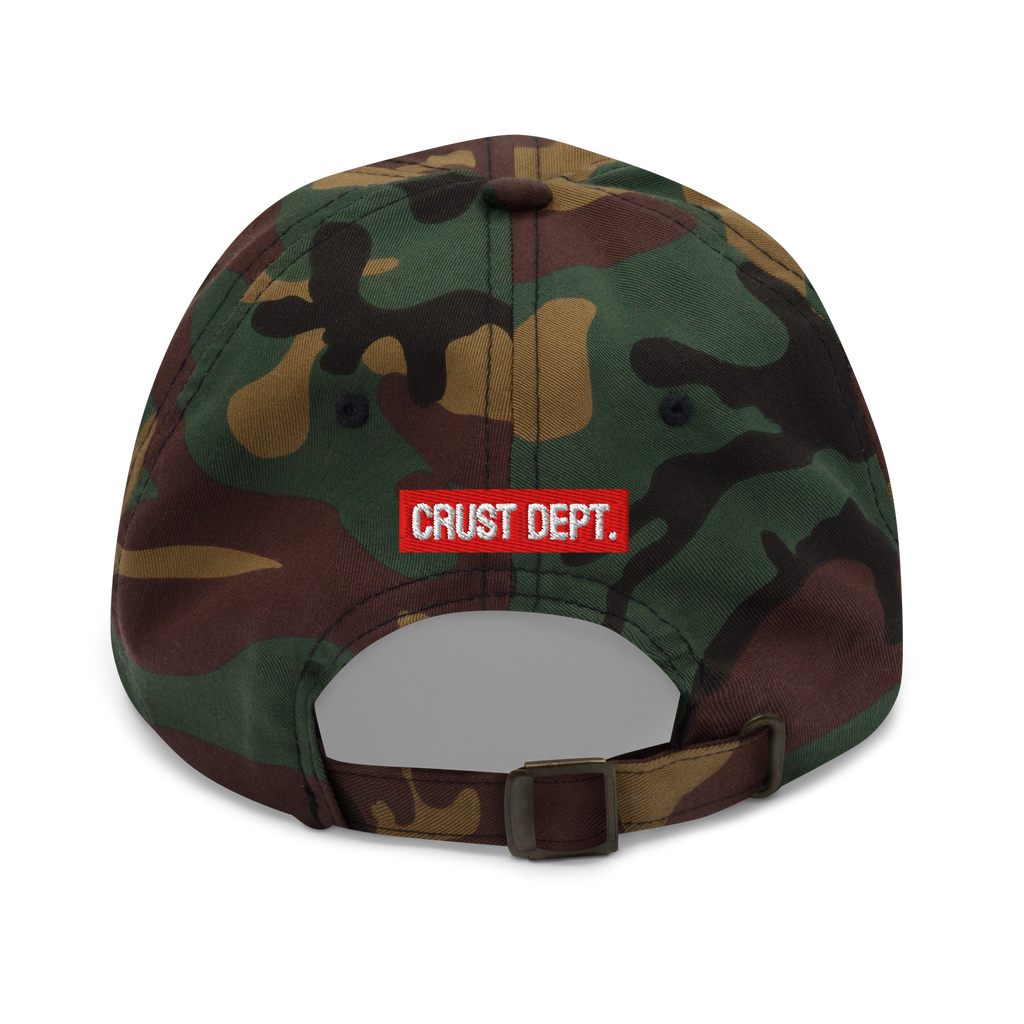 Camouflage cap with a red 'CRUST DEPT.' logo on a white background