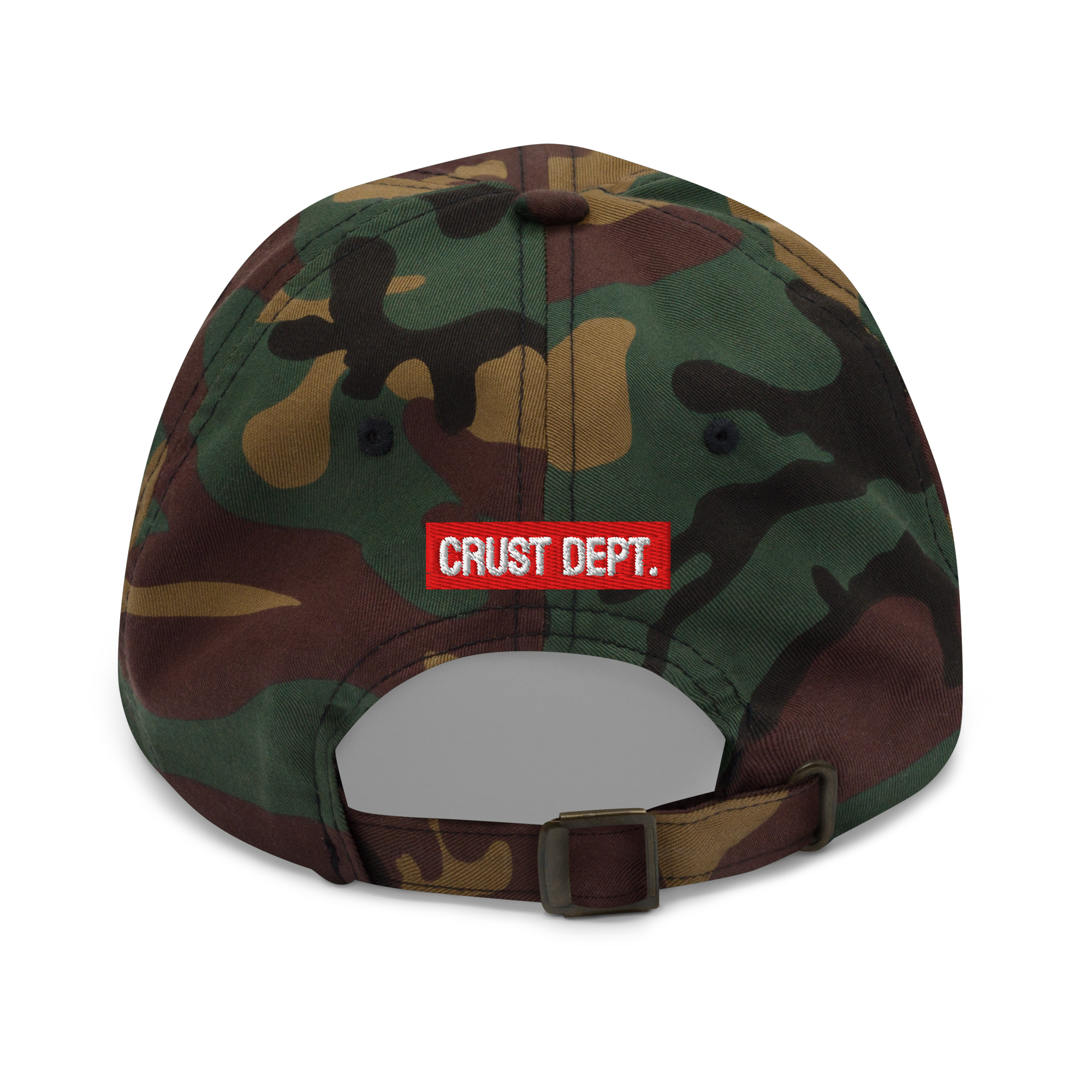 Camouflage cap with a red 'CRUST DEPT.' logo on a white background
