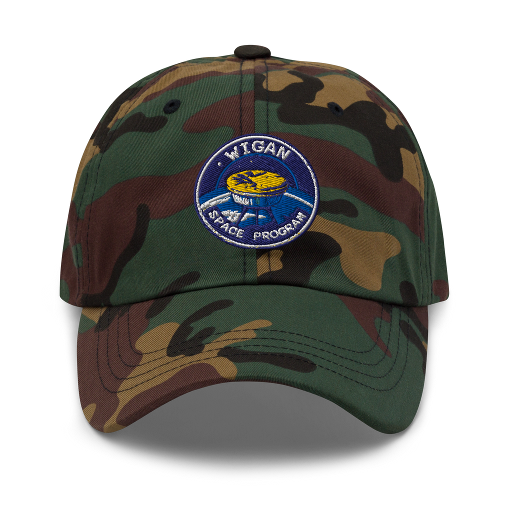 Camouflage baseball cap with a patch on a white background