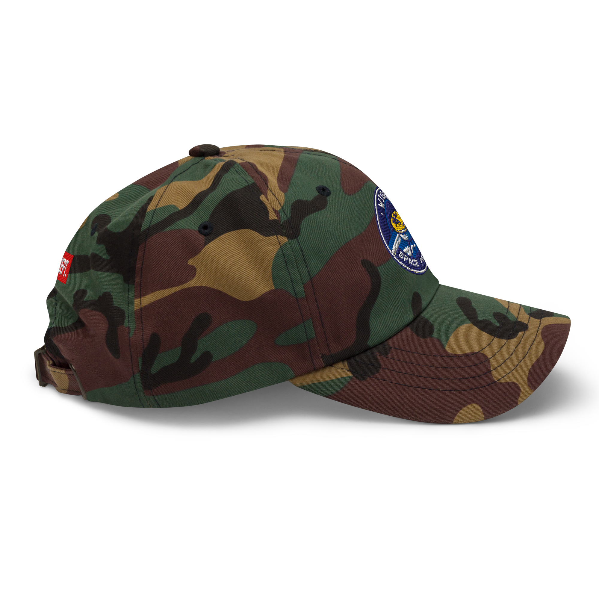 Camouflage baseball cap with a patch on a white background