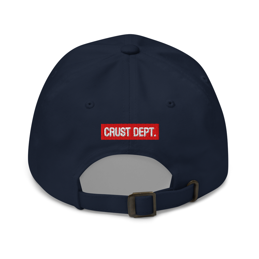 Navy blue cap with a red 'CRUST DEPT.' logo on the back against a white background