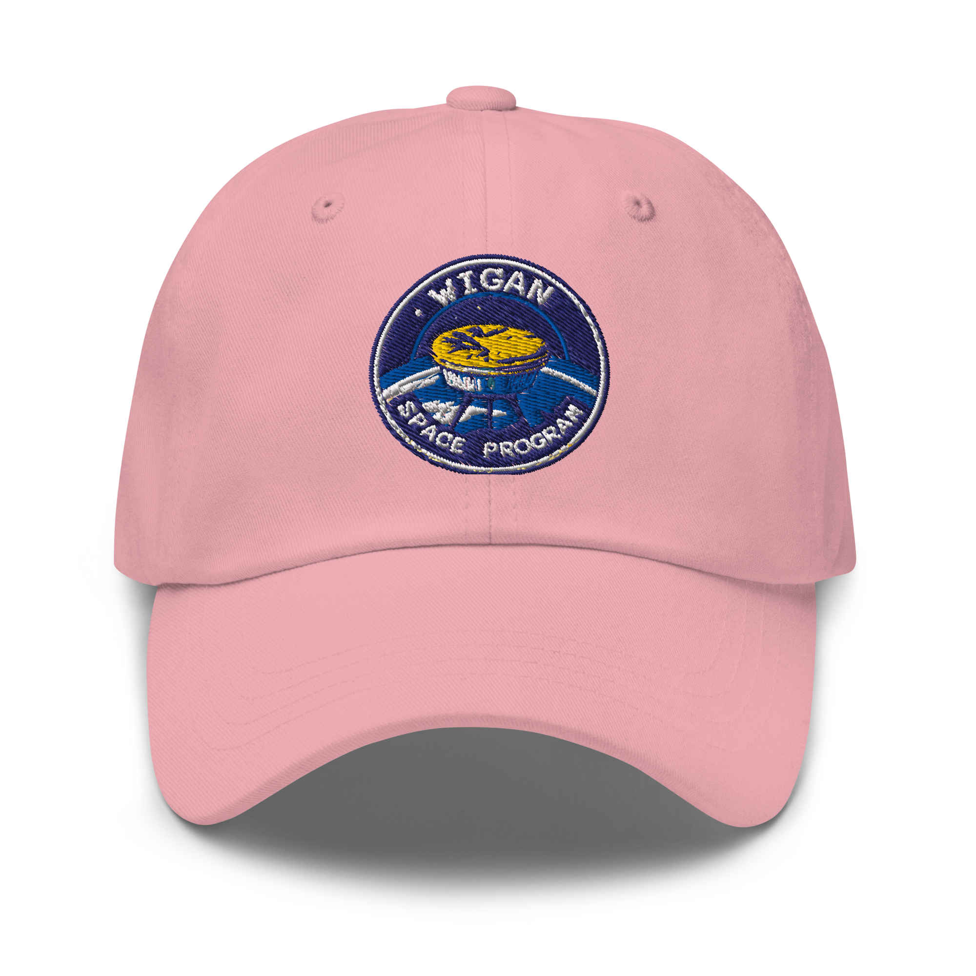 Pink cap with a blue and yellow patch on a white background