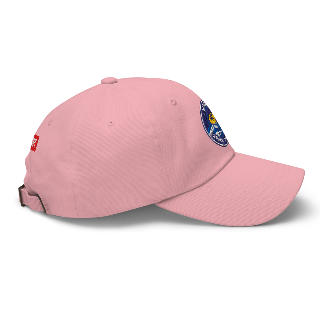 Pink cap with embroidered logo on a white background