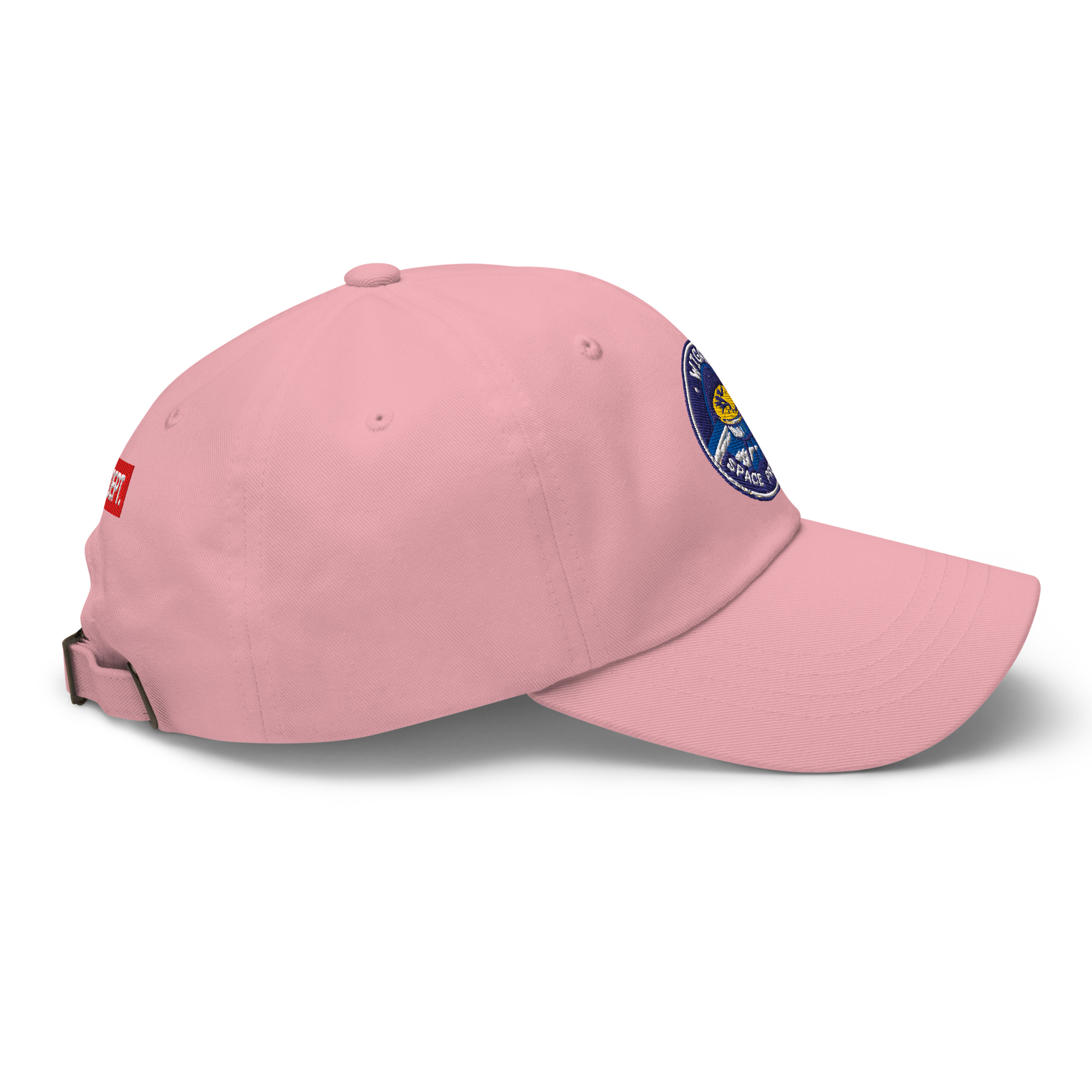 Pink cap with embroidered logo on a white background