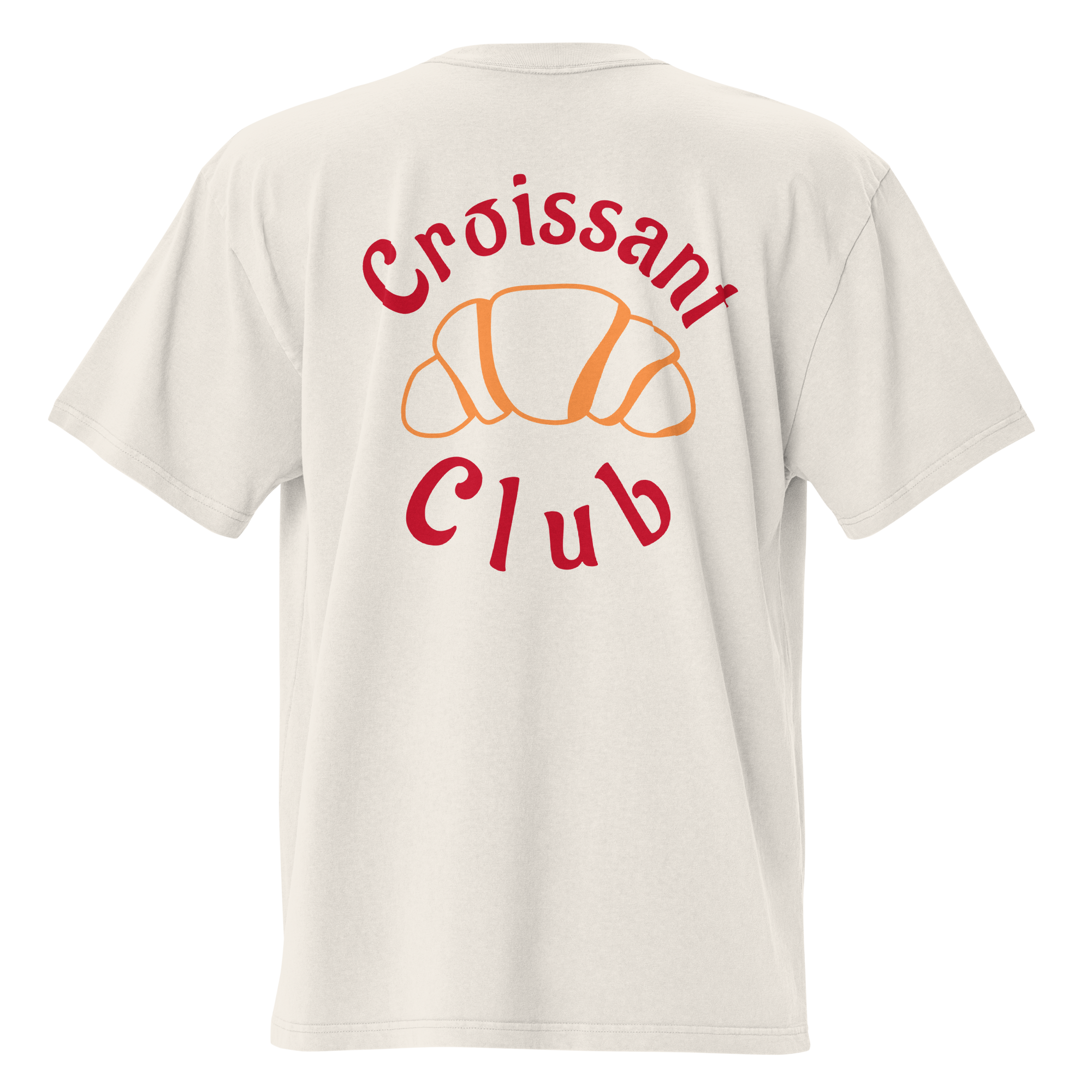 White t-shirt back with 'Croissant Club' text and croissant graphic on a white background