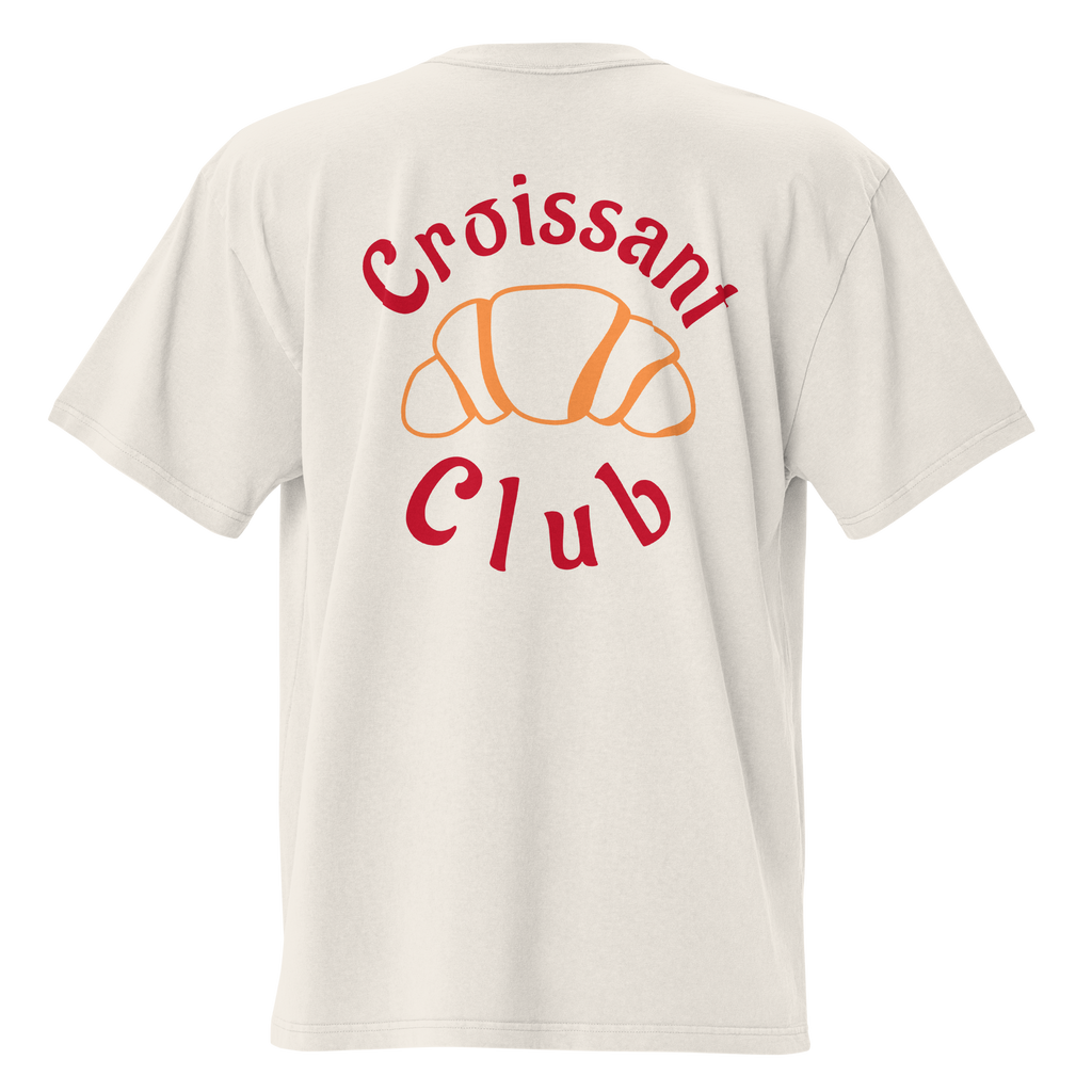 White t-shirt back with 'Croissant Club' text and croissant graphic on a white background