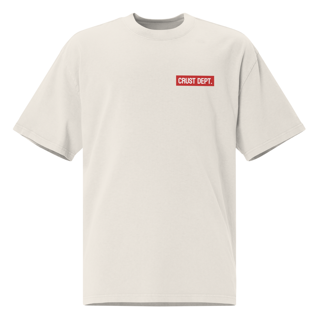 Bone white t-shirt with a red and white Crust Dept. logo on a white background