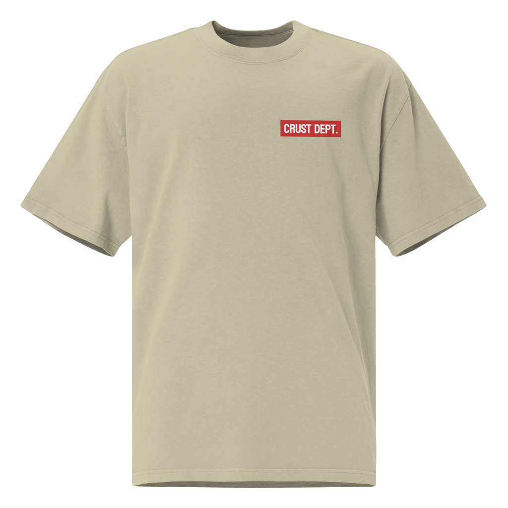 Eucalyptus t-shirt with a red and white Crust Dept. logo on a white background