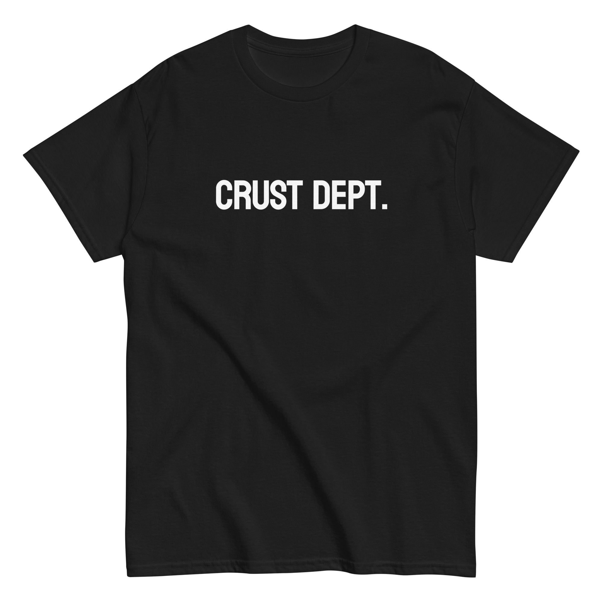 Black t-shirt with 'CRUST DEPT.' text on a white background
