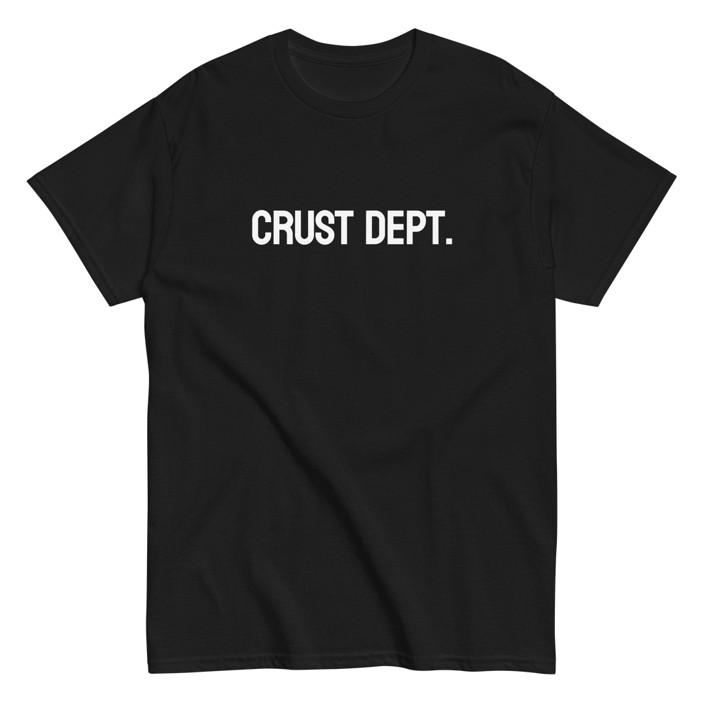 Black t-shirt with 'CRUST DEPT.' text on a white background