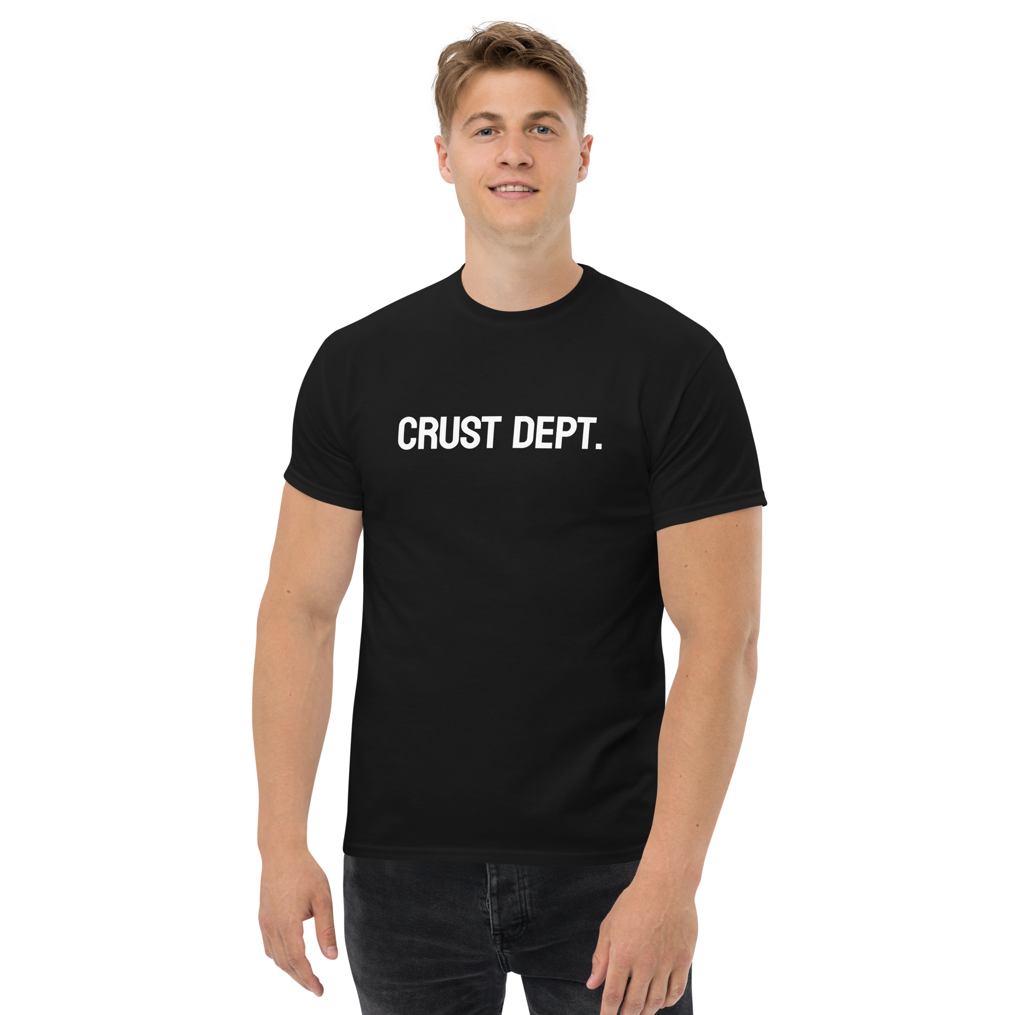 Person wearing a black t-shirt with 'CRUST DEPT.' text on a white background