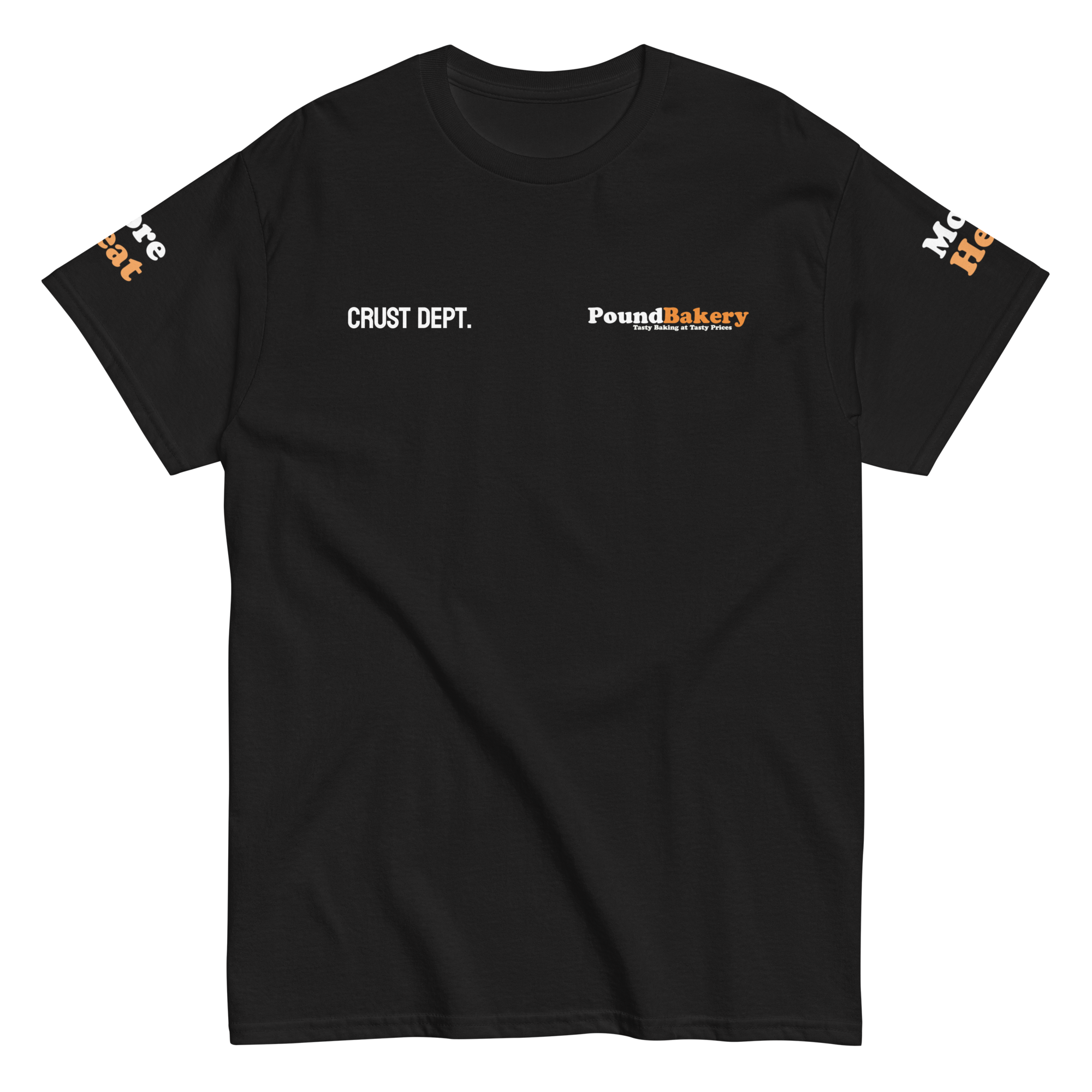 Black t-shirt with 'Crust Dept.' and 'Pound Bakery' text on a white background