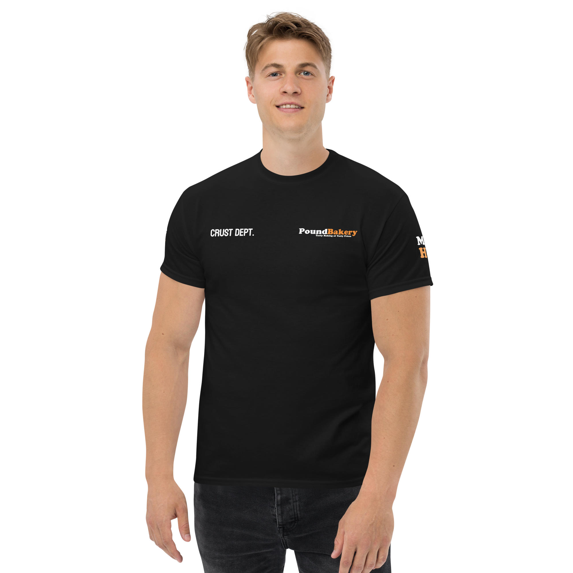Man wearing a black t-shirt with 'Crust Dept.' and 'Pound Bakery' logos on a white background