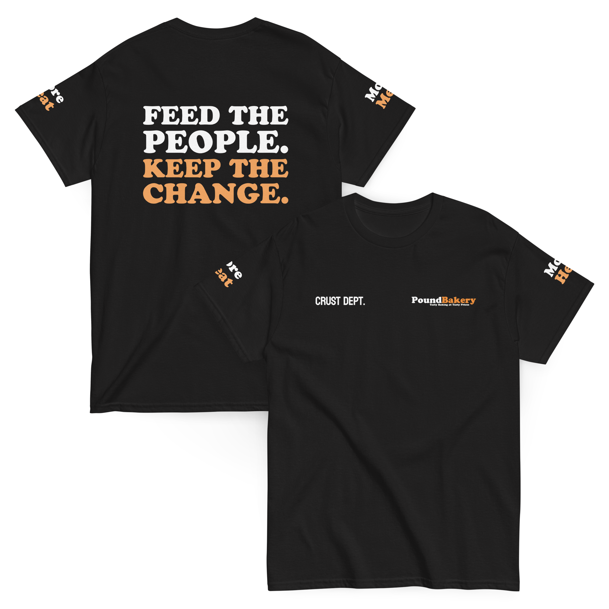 Black t-shirt with text and branding on a white background