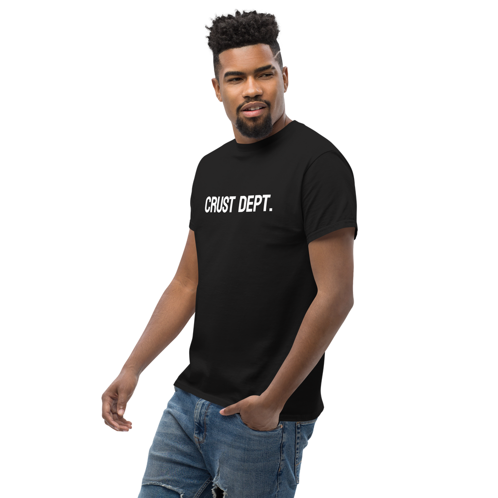 Man wearing a black t-shirt with 'CRUST DEPT.' text on a white background