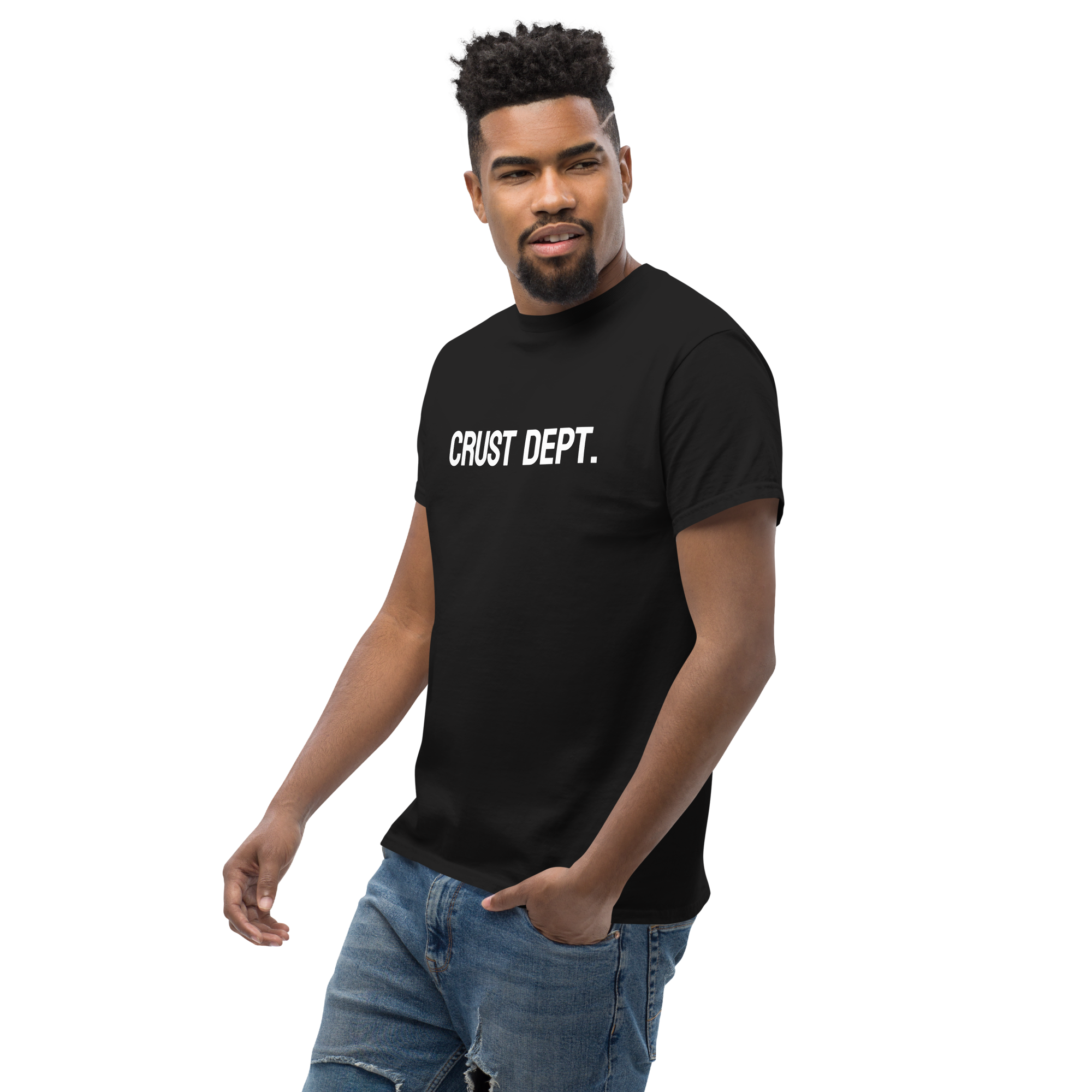 Man wearing a black t-shirt with 'CRUST DEPT.' text on a white background