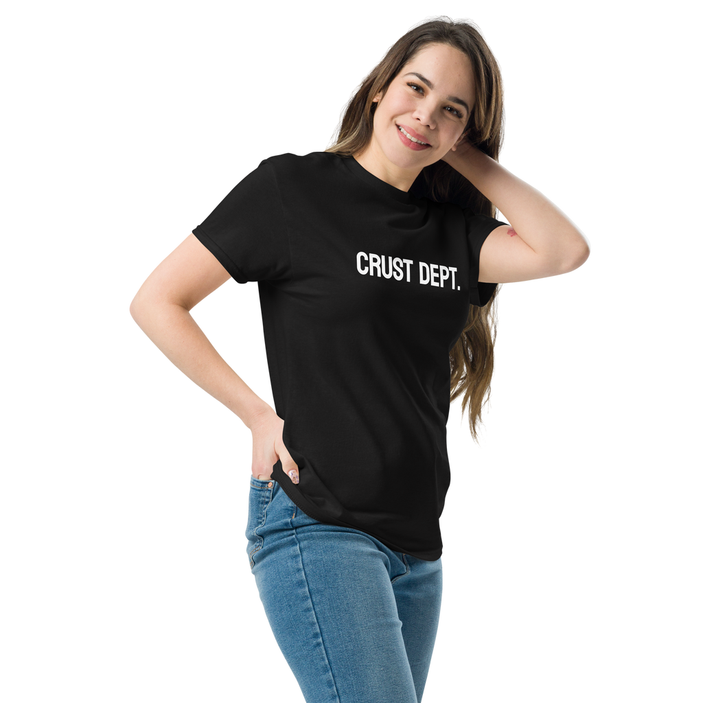 Woman wearing a black t-shirt with 'CRUST DEPT.' text on a white background