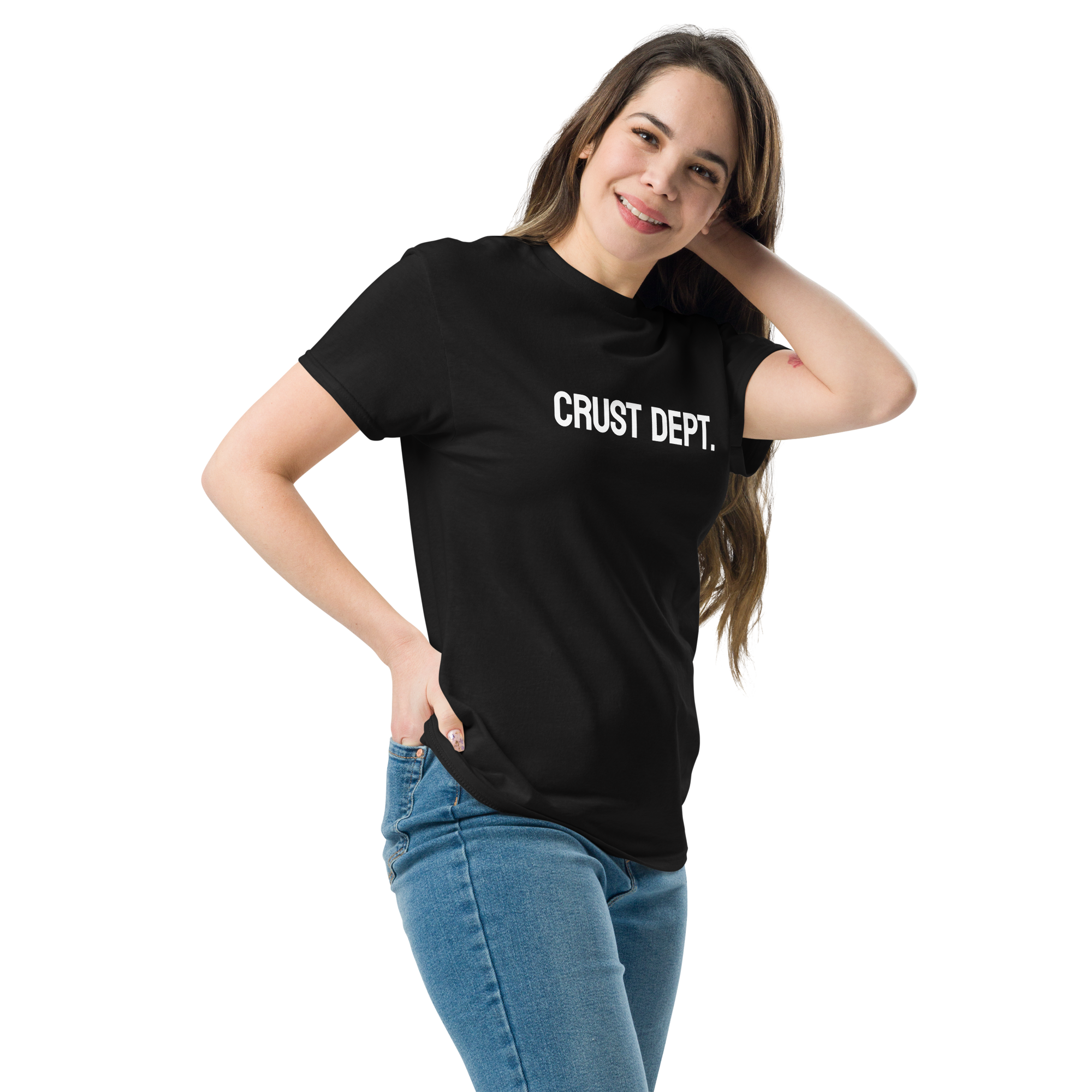 Woman wearing a black t-shirt with 'CRUST DEPT.' text on a white background