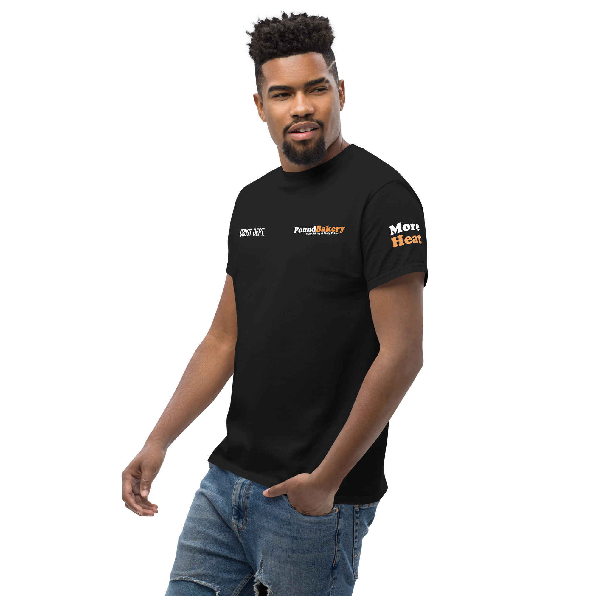 Man wearing a black t-shirt with branding on a white background